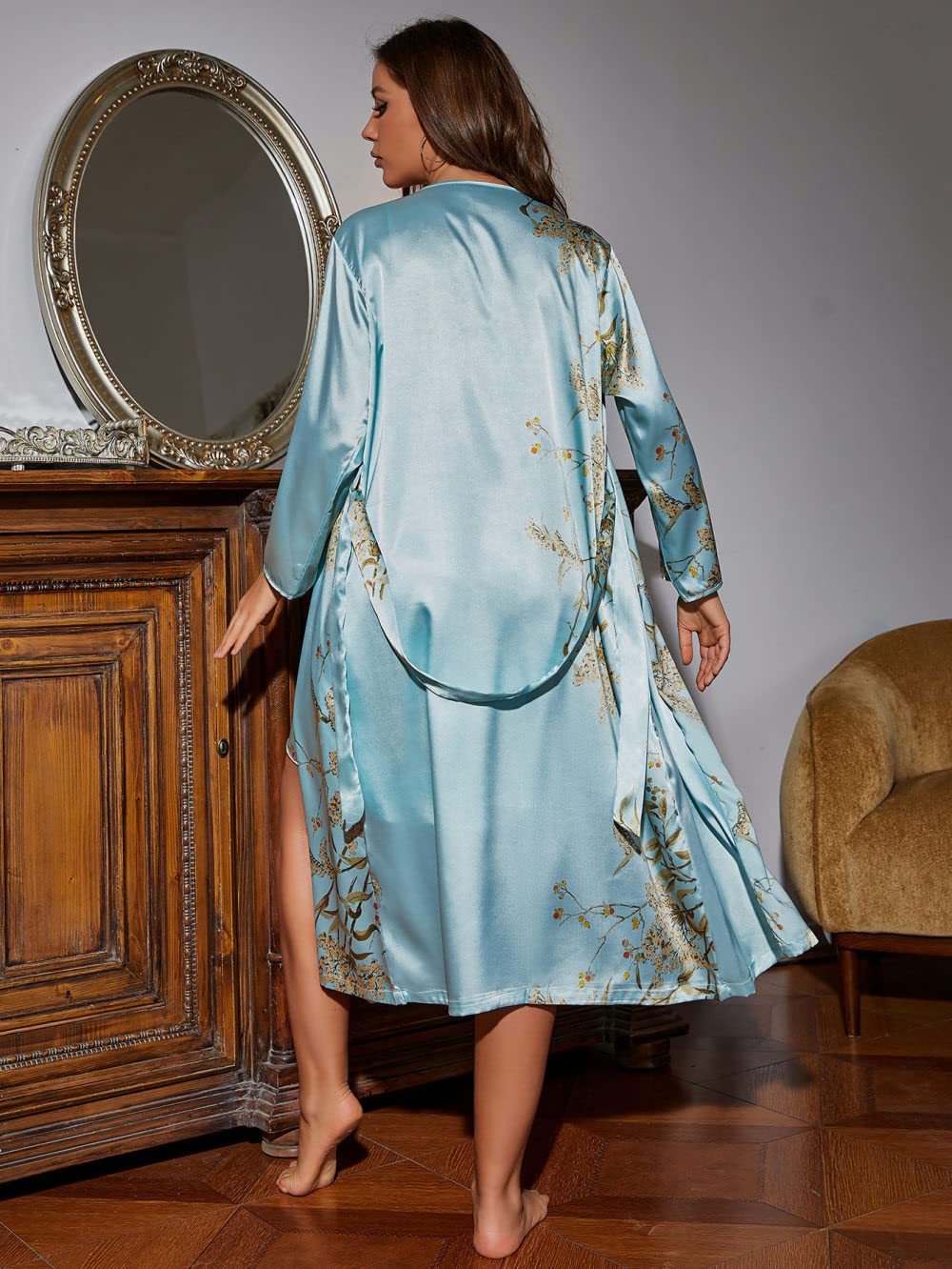 Nachthemden Für Damen,Sexy Nachthemd Für Damen, 2-Teilig, Hellgrün, Satin, V-Ausschnitt, Blumendruck, Camisole, Robe, Weich, Bequem, Nachthemd, Schmal, Nachtwäsche Für Damen, Mädchen, Party, L