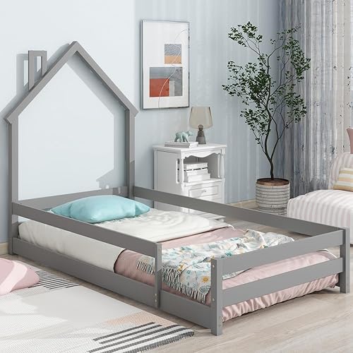 AOCOROE Marco de cama Montessori de tamaño individual con rieles y puerta Marco de cama individual de madera para niños y niñas con altura de suelo