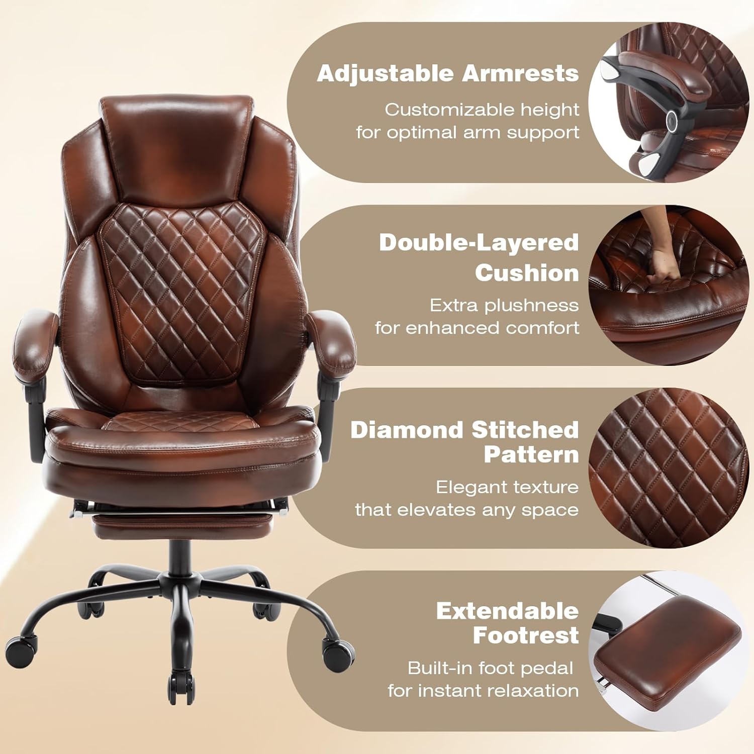 400lbs Reclining Office Desk Chair with Footrest, Plus Size Comfortable Big Tall Brown Leather Recliner Office Chairs for Heavy People