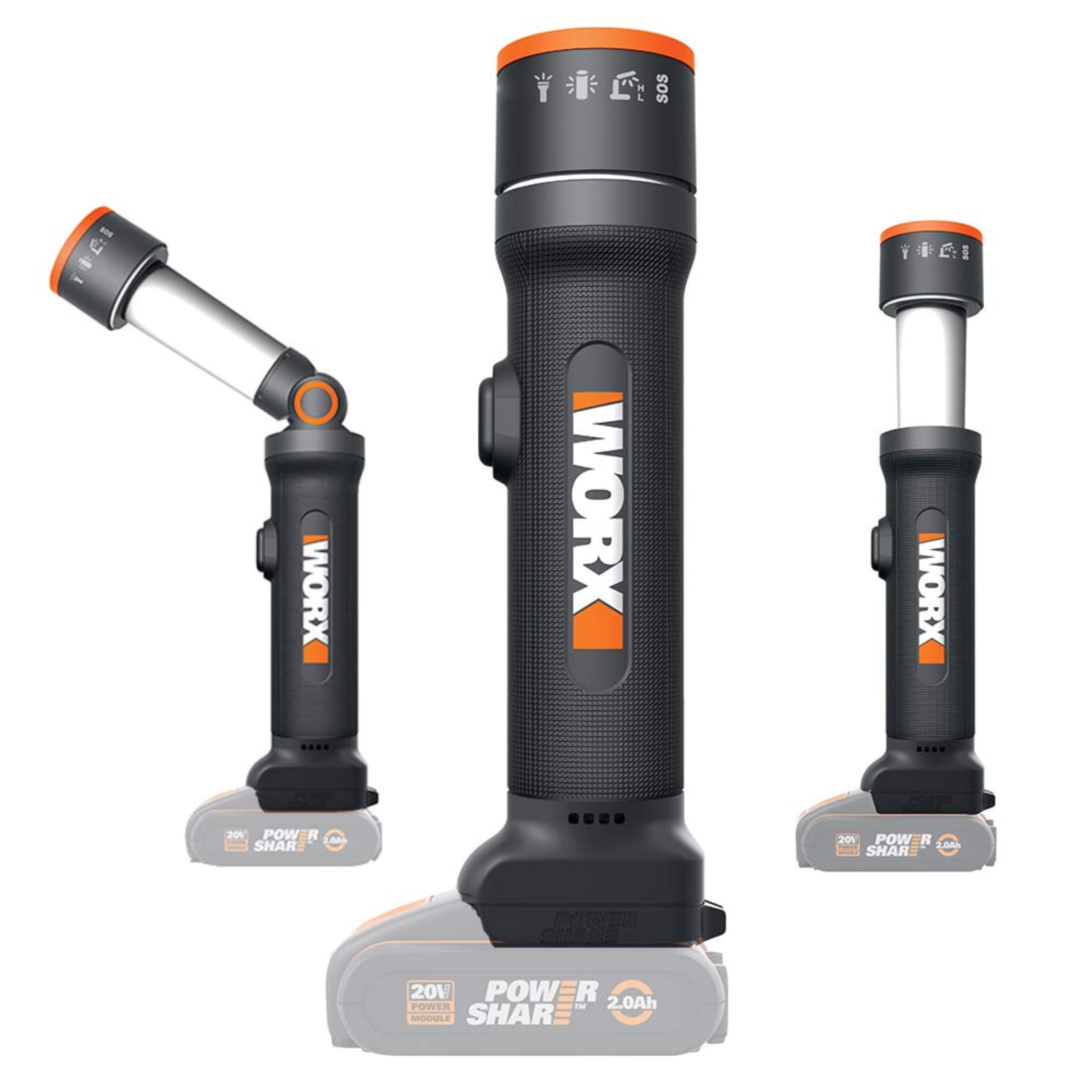 WORX Lampe Led 4 en 1 sans Fil 20V WX027.9, Télescopique, Tête Pivotante à 70°, Idéale Pour le Camping et Activités Extérieures, Sans Batterie ni Chargeur