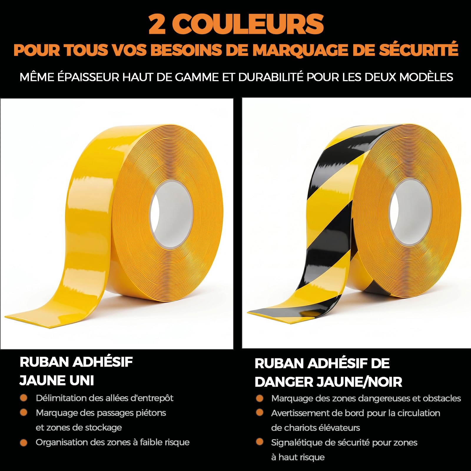 Ruban de Marquage au Sol, 1,1 mm épais, 50 mm x 30 m, Jaune | Renforcé et Résistant à l'usure, Forte Adhérence, Pour Entrepôt, Atelier et Industrie