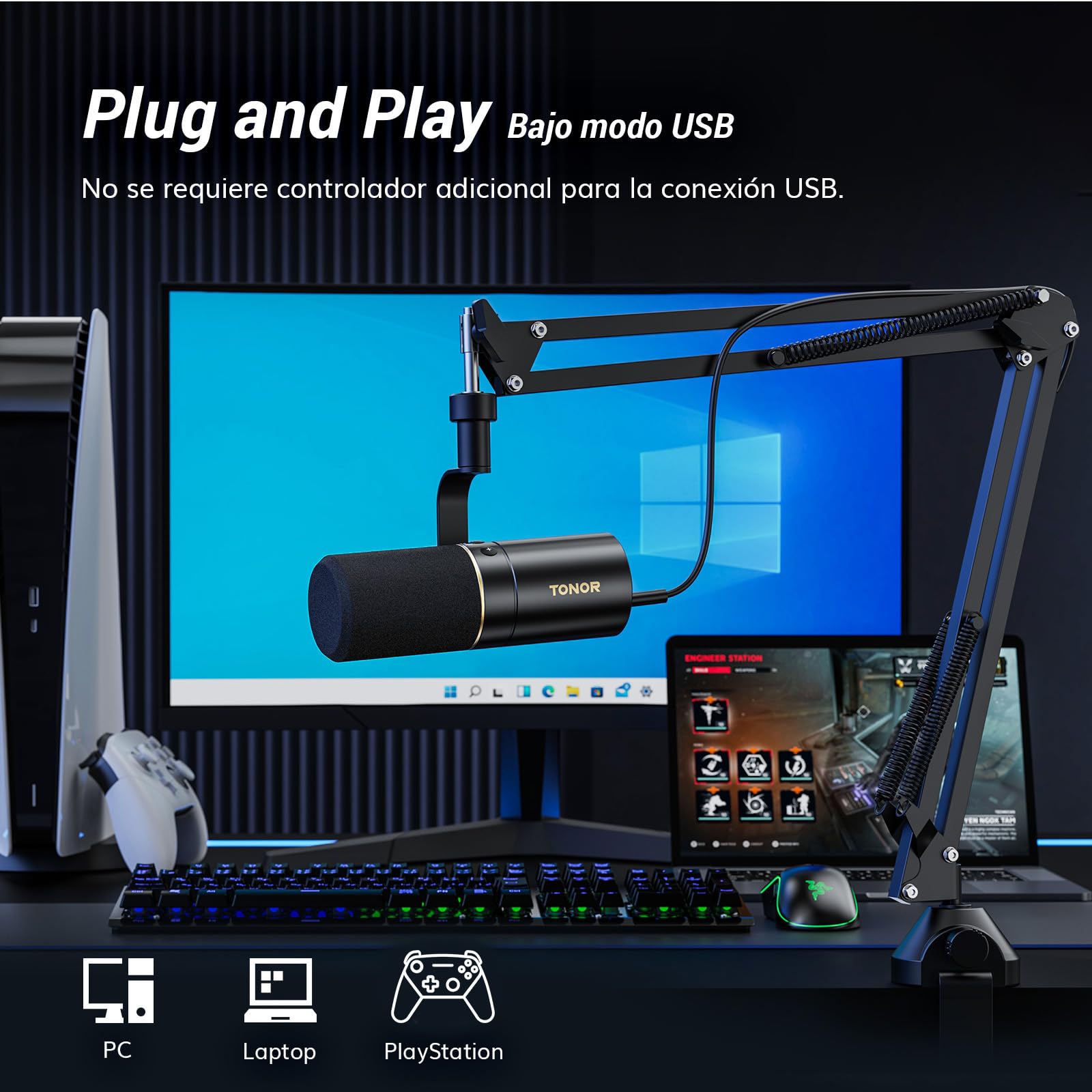 TONOR PC Microfono Dinámico Gaming con Brazo Soporte, Profesional Micrófono USB/XLR para Juegos, Podcasting, Streaming, Estudio, Vocal Grabación, Mic cardioide con 3.5mm Jack, Botón Mute, TD510+