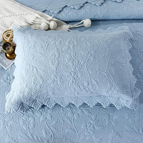 Miniatura 4 de vctops Juego de edredón acolchado de algodón bordado de 3 piezas, reversible, ligero, edredón de flores y hojas de granja con fundas de almohada