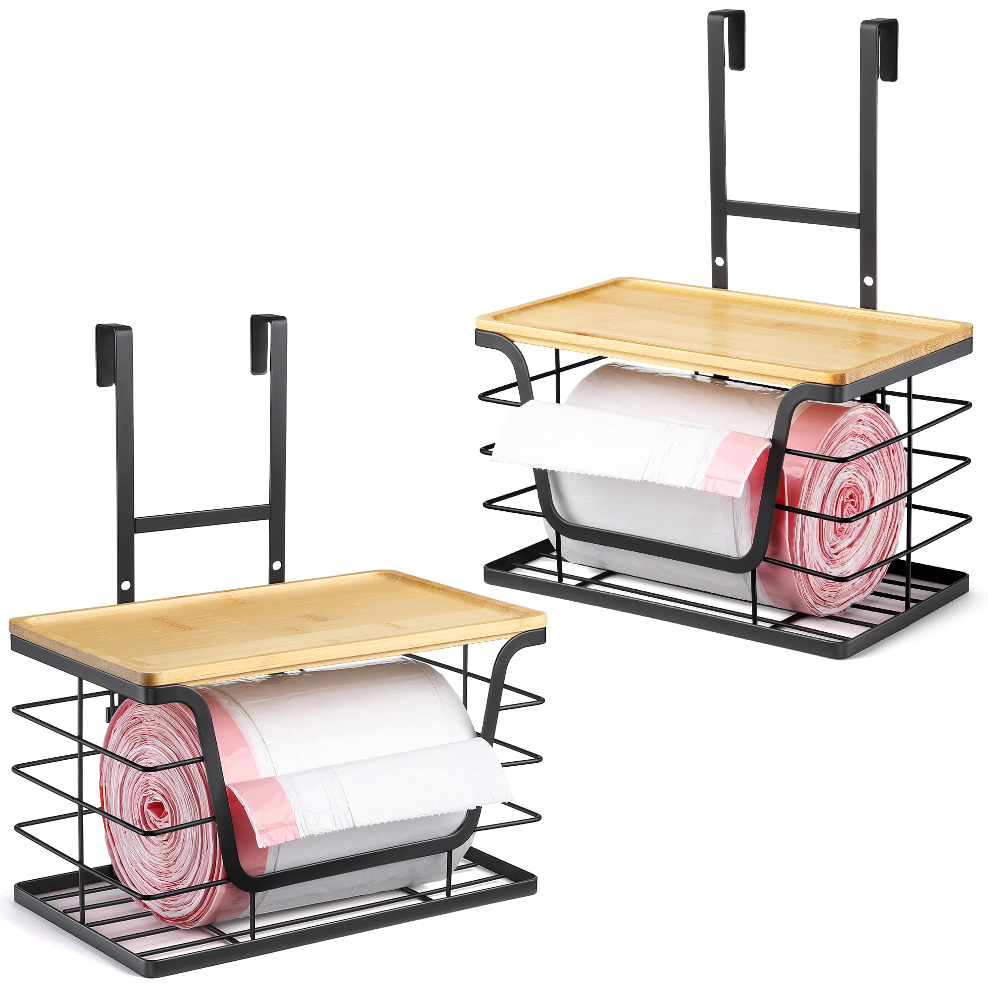 Photo 1 of CACHOLIV 2-Pack Trash Bag Holder - Extra Large Garbage Bag Holder with Stackable Bamboo Top, Adjustable Hooks for Cabinet Door - Organizers in Kitchen/Pantry/Laundry Room