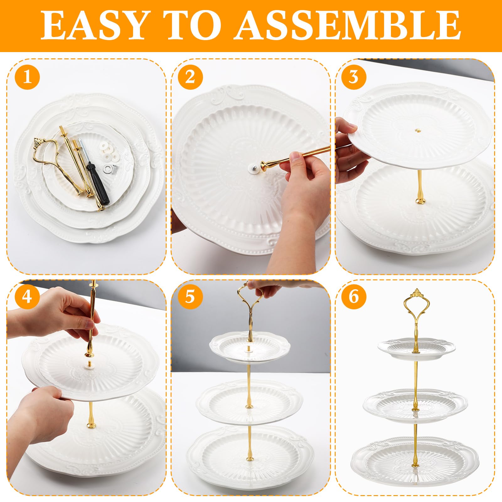 Tioncy Juego de 4 soportes para cupcakes de 3 niveles en relieve blanco de tres niveles para servir postres, pasteles, frutas, elegante plato de porcelana redondo y cuadrado para bodas, cumpleaños,