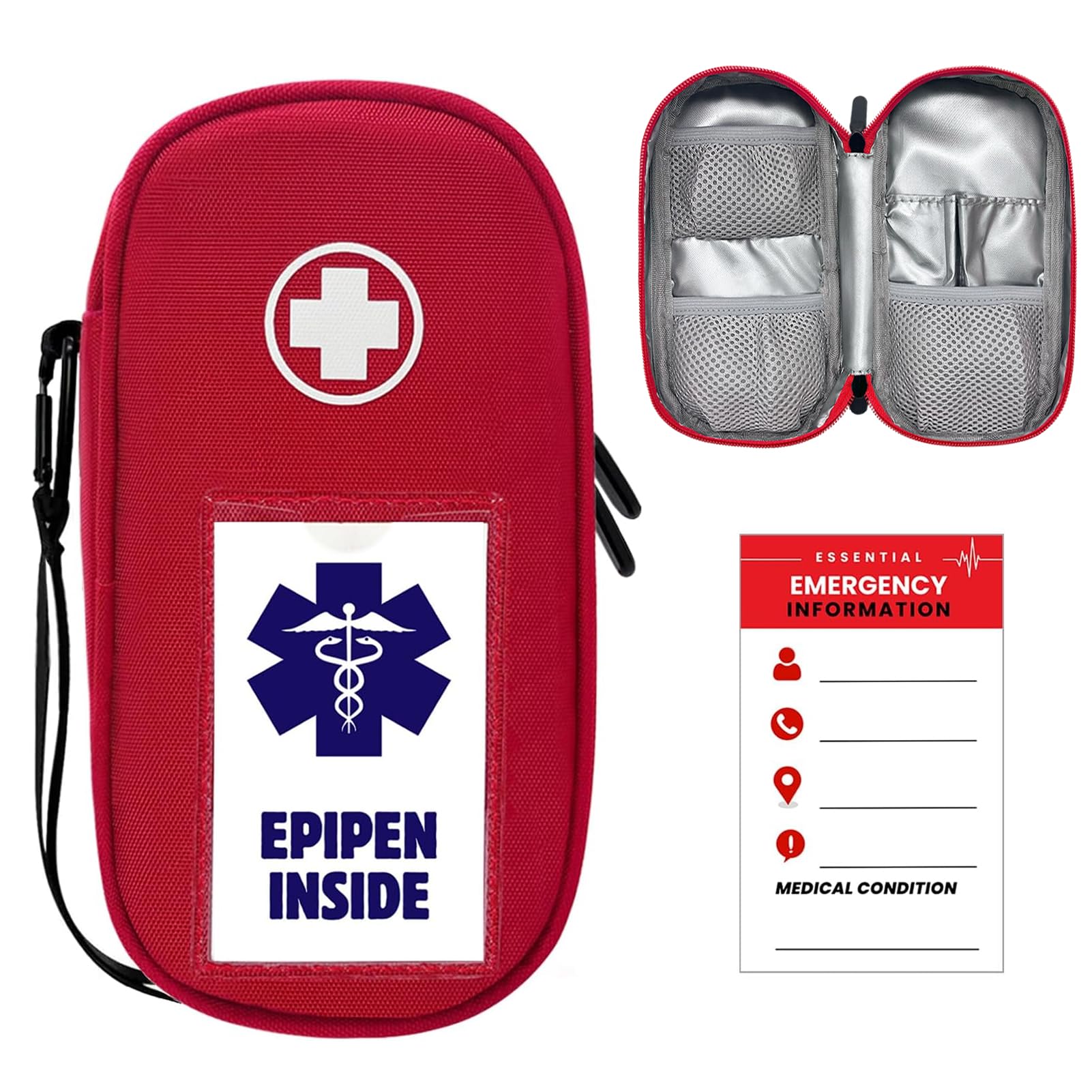 EpiPen torba medyczna z karabińczykiem, na 2 epipeny, inhalator astmy, auvi-Q, leki przeciwhistaminowe, leki alergiczne, krople do oczu, etui podróżne dla cukrzycy (kolor czerwony)