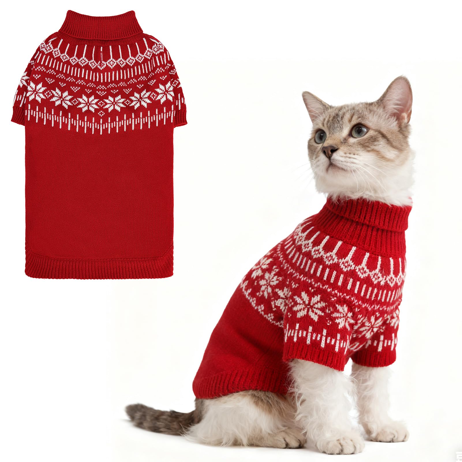 EXPAWLORER Turtleneck Dog Jumper - Knitted Dog Clothes in Fair Isle Snowflake Patterns, Warm Comfortable Puppy Jumper Pet Sweater with Sleeves, Winter Pet Outfit Pullover for Dogs Cats, Red Small