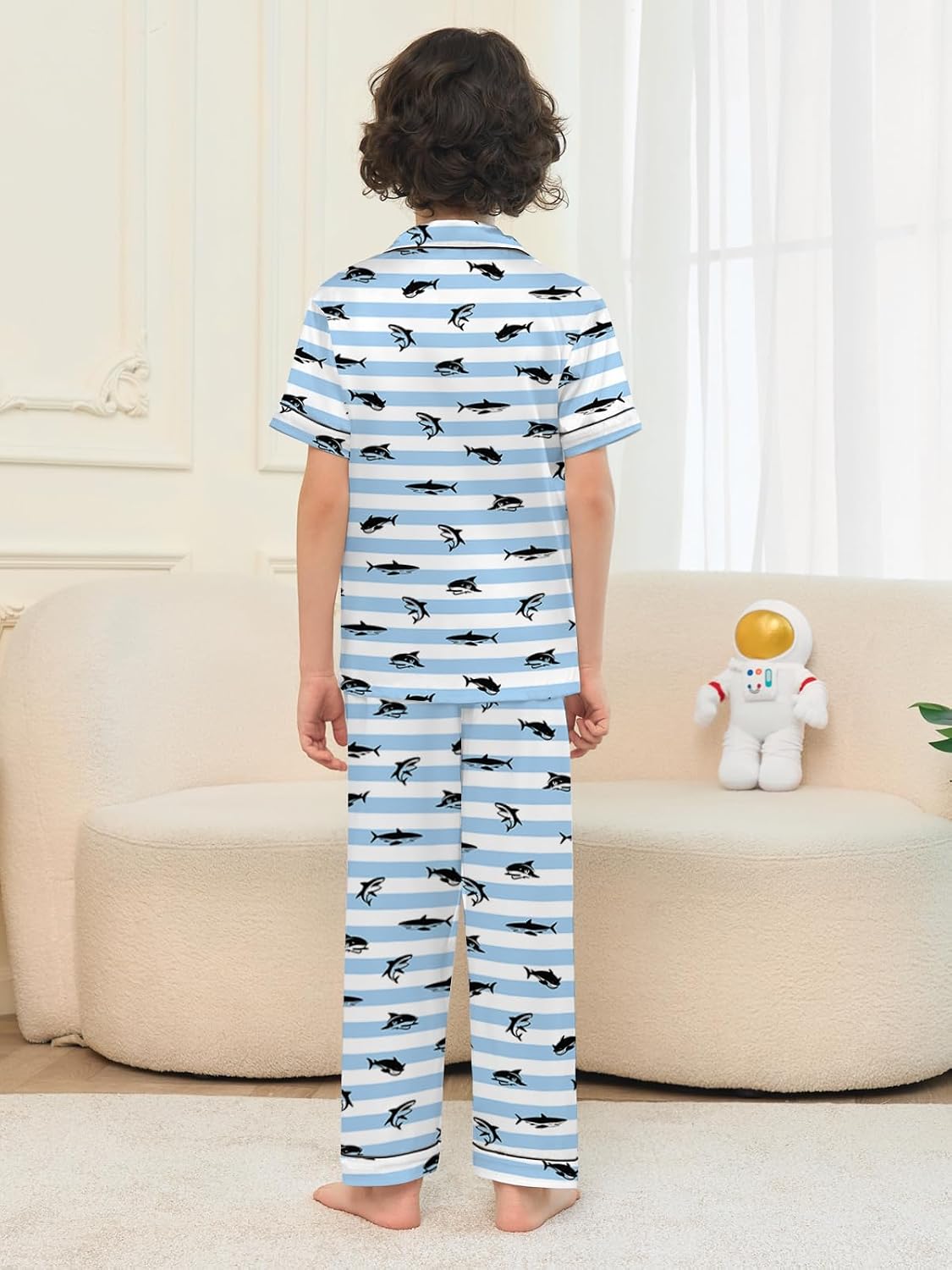 Umeyda Boys Satin Pajamas Set Button Down Sleepwear Loungewear PJS Shorts Sleeve Tops + Pants