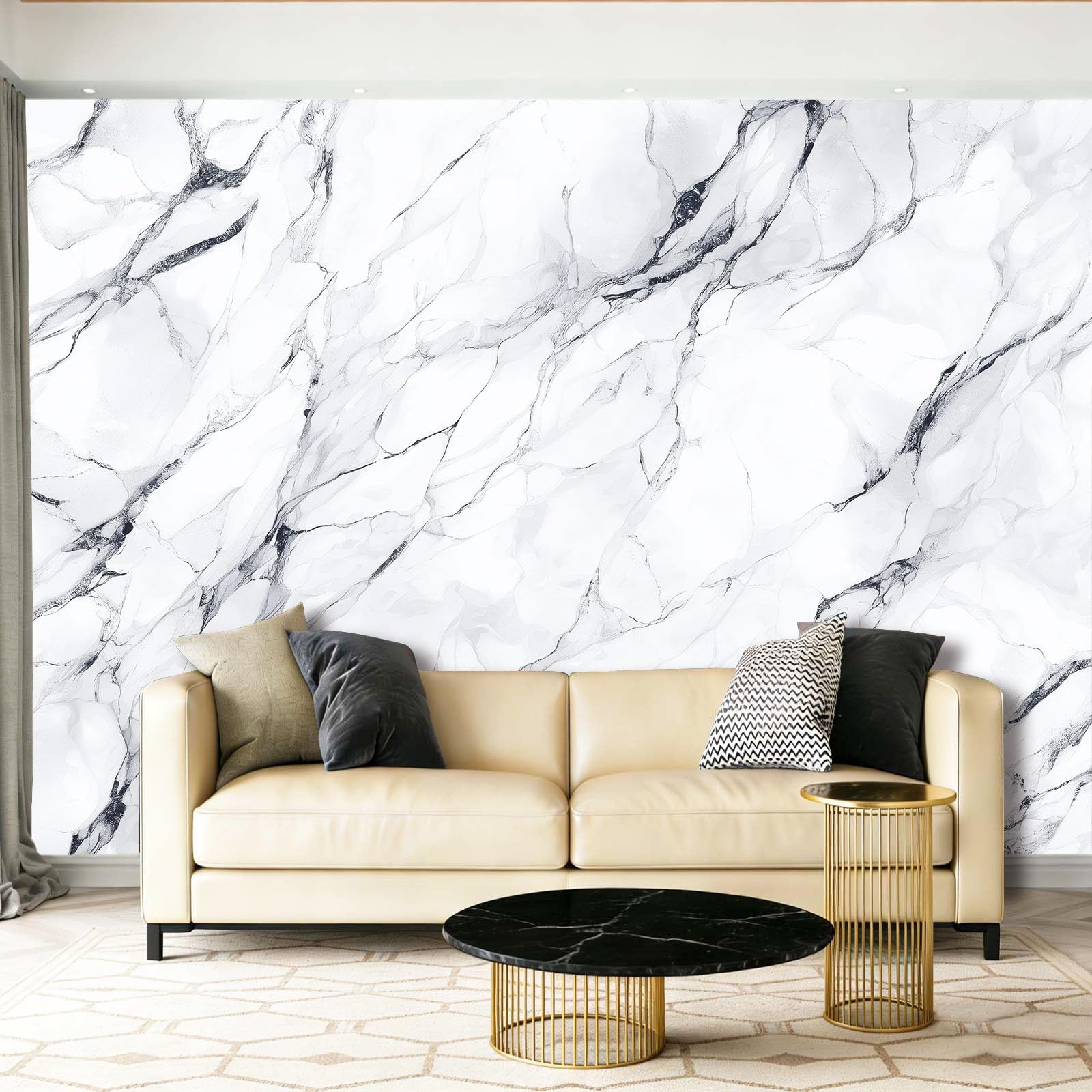 Tapeta 300 x 210 cm, nowoczesny minimalistyczny marmur, dekoracja z włókniny do pokoju dziecięcego i ściany TV, biała