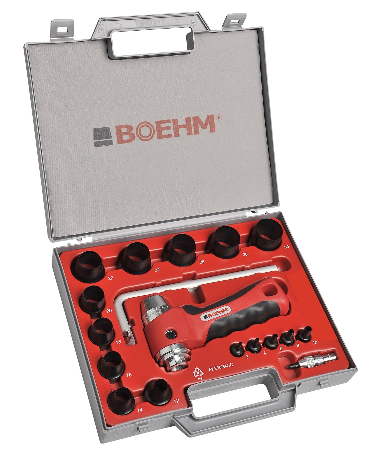 BOEHM JBL330PACC - Juego de agujeros (3-30 mm, incluye soporte, punta de centrado de resorte, barra con compás y cuchillo de repuesto en estuche de plástico)