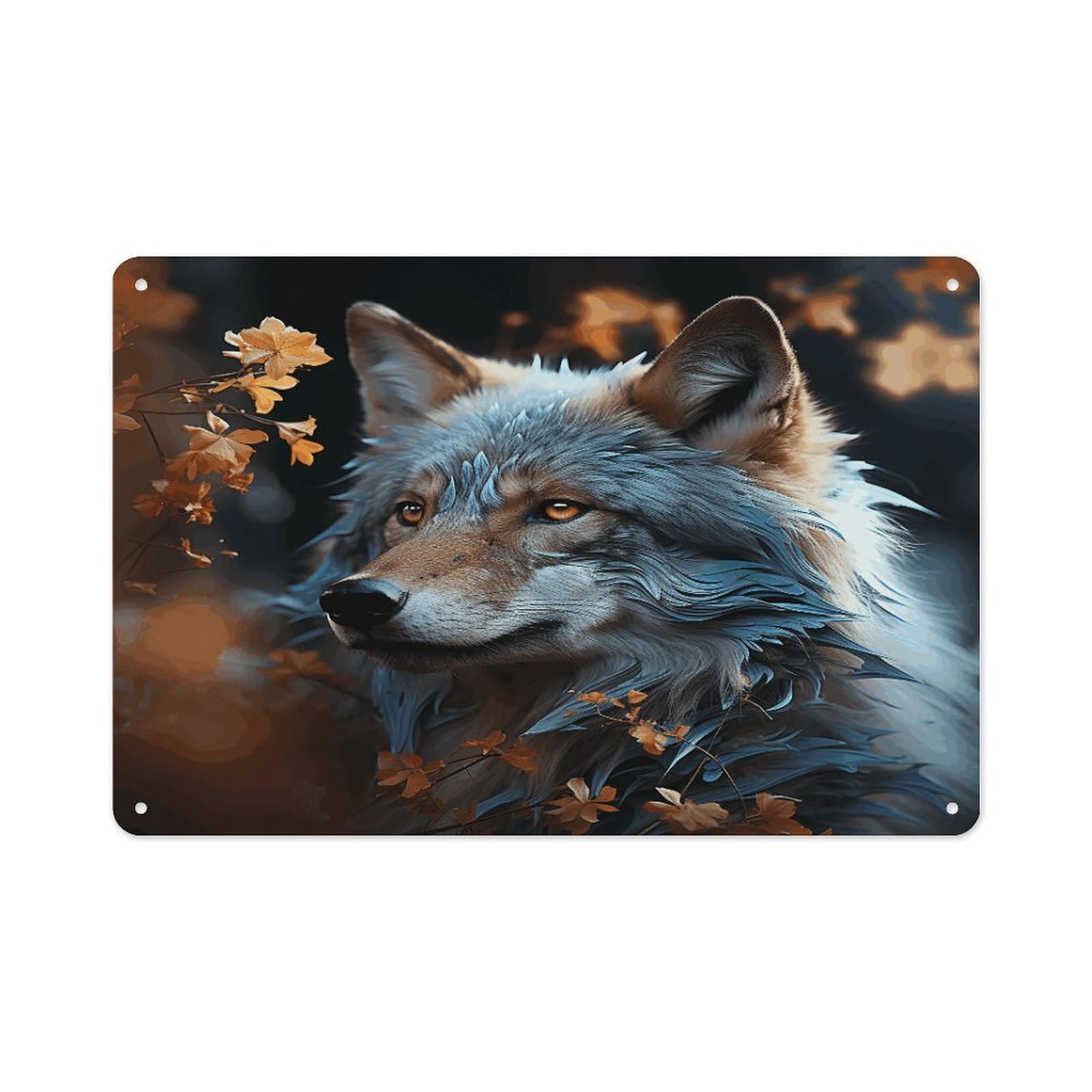VstaDank Metal Aluminum Autumn Leaves And A Wolf Sign Wall Decor Vintage Metal Sign Plaque Boho Wall Hanging Decor Sublimation Picture Panel Personalized Plaque Poster 8x12in