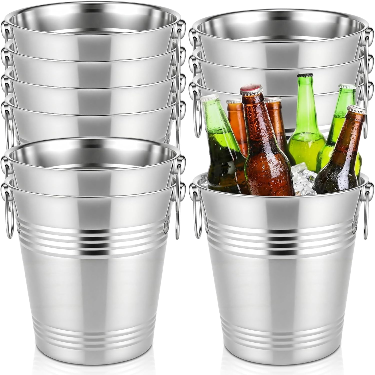 meekoo 10 Packs 8.4QT / 8L Silver Stainless Steel Champagne Ice Bucket Bulk Galvanized Metal Ice Buckets with Handles Beverage Wine Chiller Bucket for Beer Cocktail Bar Wine Wedding Parties BBQ