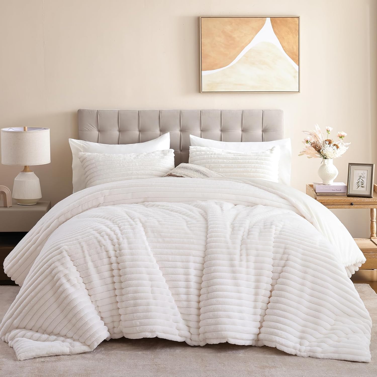 weigelia Full Comforter Set 7 Piece Fluffy Fleece Bedding Set, Soft Cream White Bed Set with Luxury Fuzzy Bed in a Bag, All Season Warm Bedding Sets with Comforter, Sheets, Pillowcases & Shams