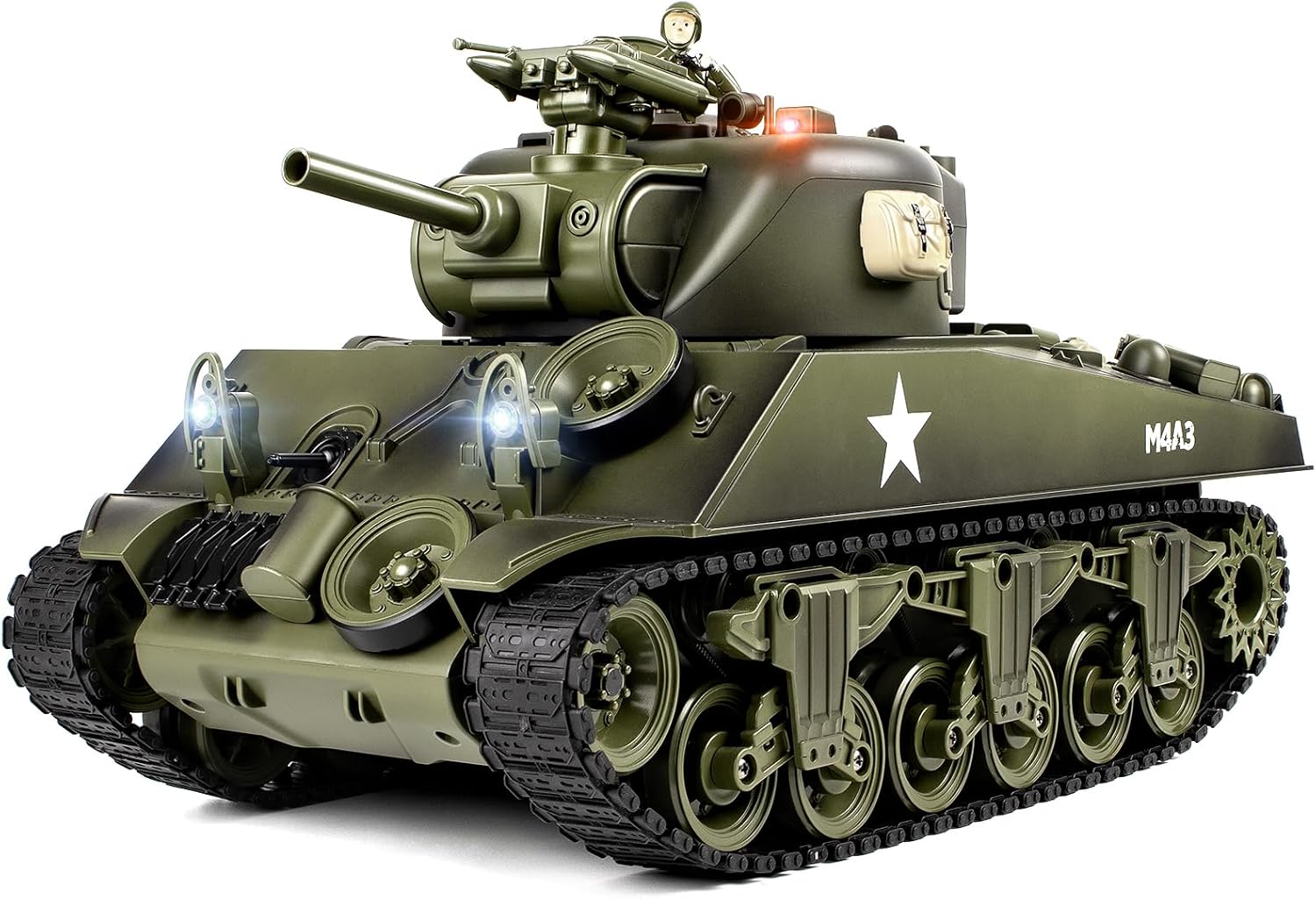 1/18 M4A3 Sherman RC Tank, Smoke, LED Light, Sound, 15 Channel Remote Control Tank, Army Toys with Recoil Force, 60 Minutes Playing Times, Excellent Gift for Kids and Adults Collectors.