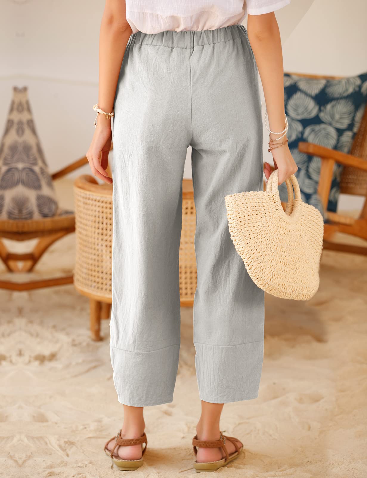 Yuson Girl Pantaloni Donna Pantaloni Estivi Donna Leggeri Pantaloni Larghi Lino Vita Alta Pantalone con Tasche Pantaloni di Svago Panno di Lino da con Fascia Elastica