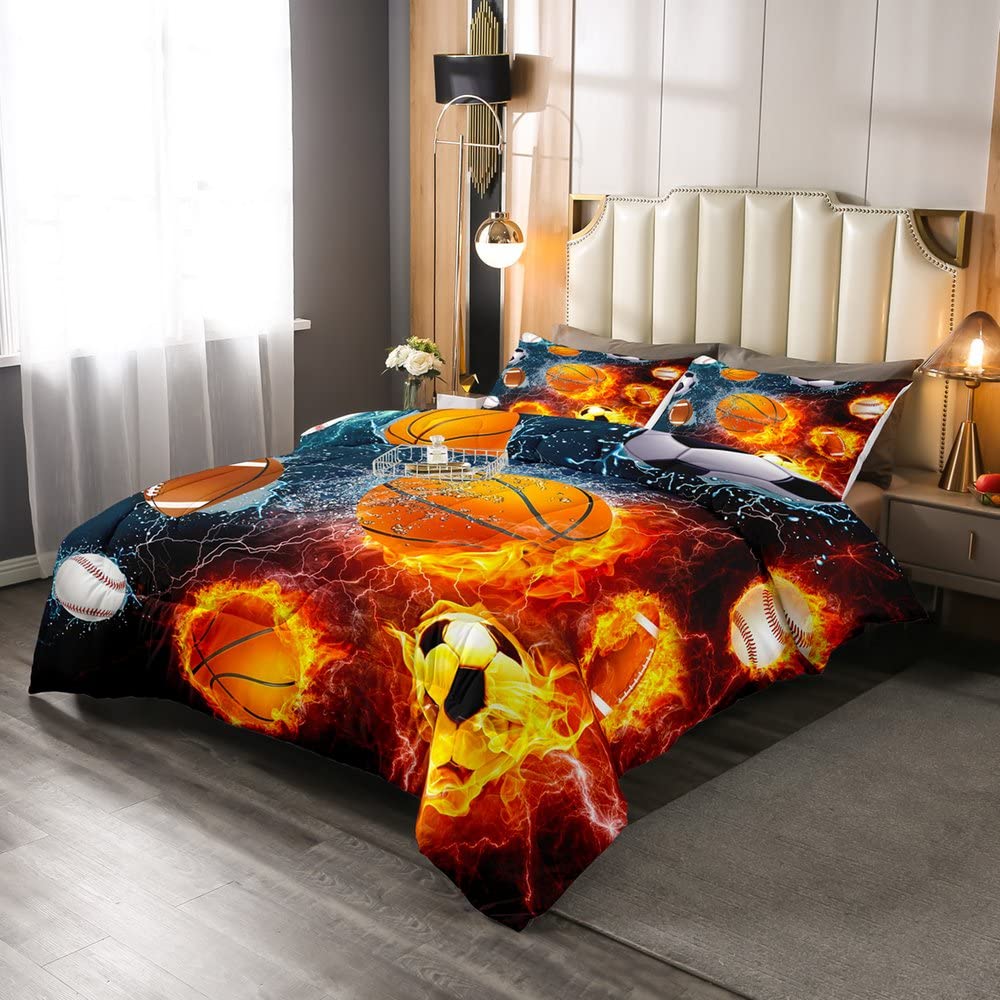 Flame Ball Print Bedding Set for Girls Boys Sports Fire Water Comforter Set DecorBall Comforter Competitive Games Duvet Set Full Size Quilt Boys