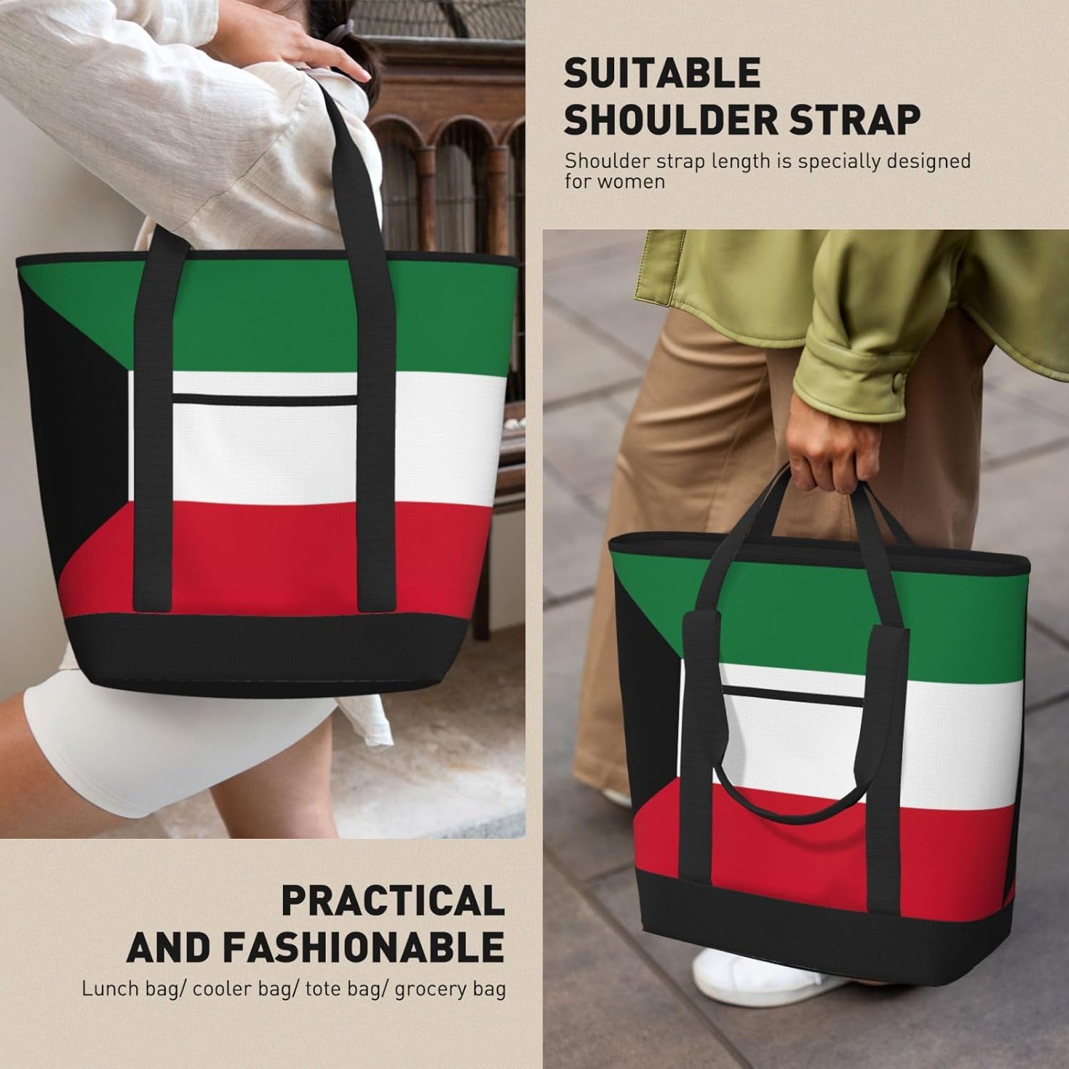 Kuwaiti Flag Print Large Cooler Bag Tote Bag,Reusable Grocery Bag,Lunch Box Bag, For Picnic Beach Camping
