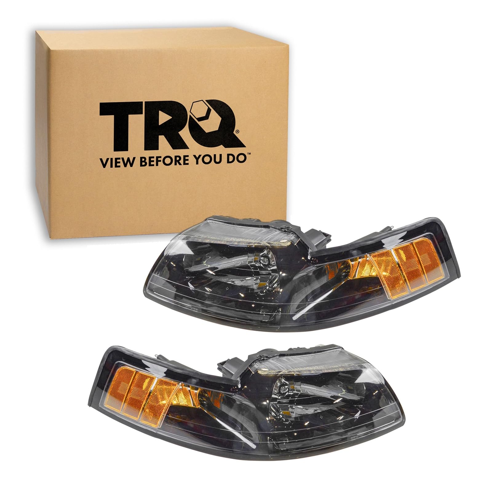 TRQ Headlight Assembly Set FO2502177 FO2503177 Compatible with 1999-2004 Ford Mustang