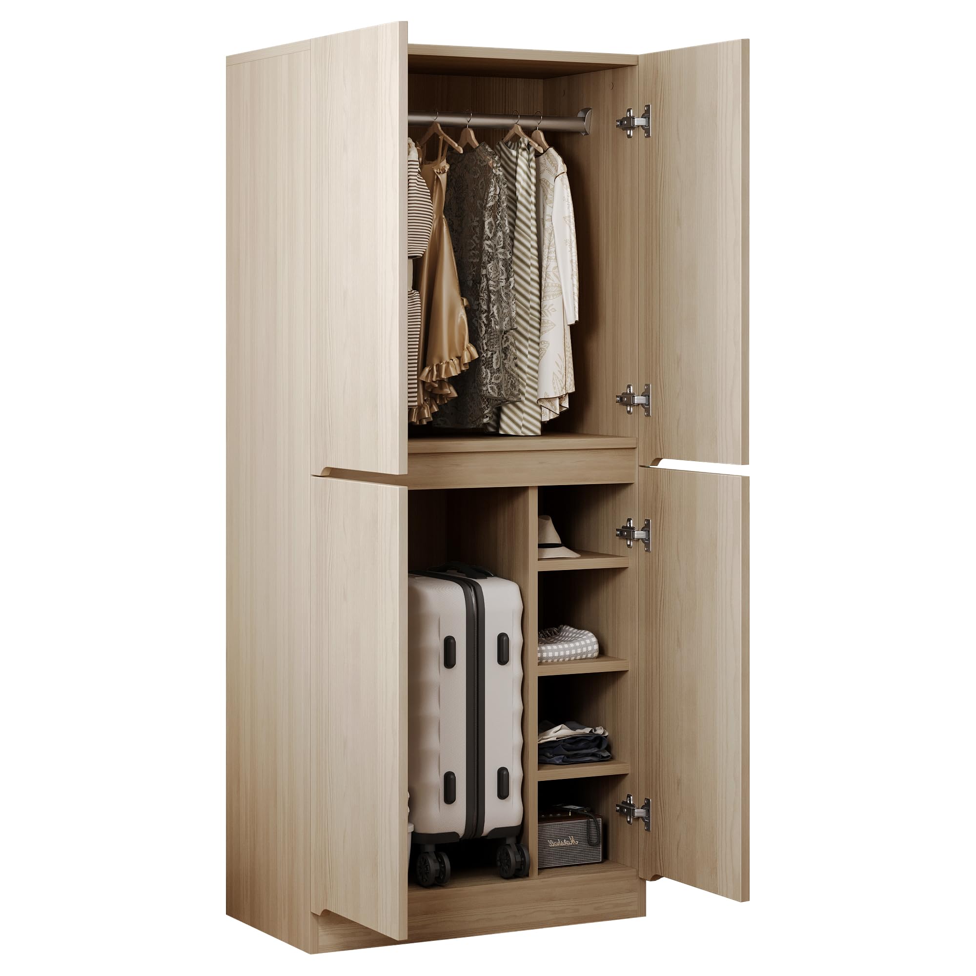 Armario 70 × 40 × 170 cm con diseño de doble puerta, amplio espacio de almacenamiento para la familia, fácil instalación, construcción estable, armario de dormitorio (color madera A)