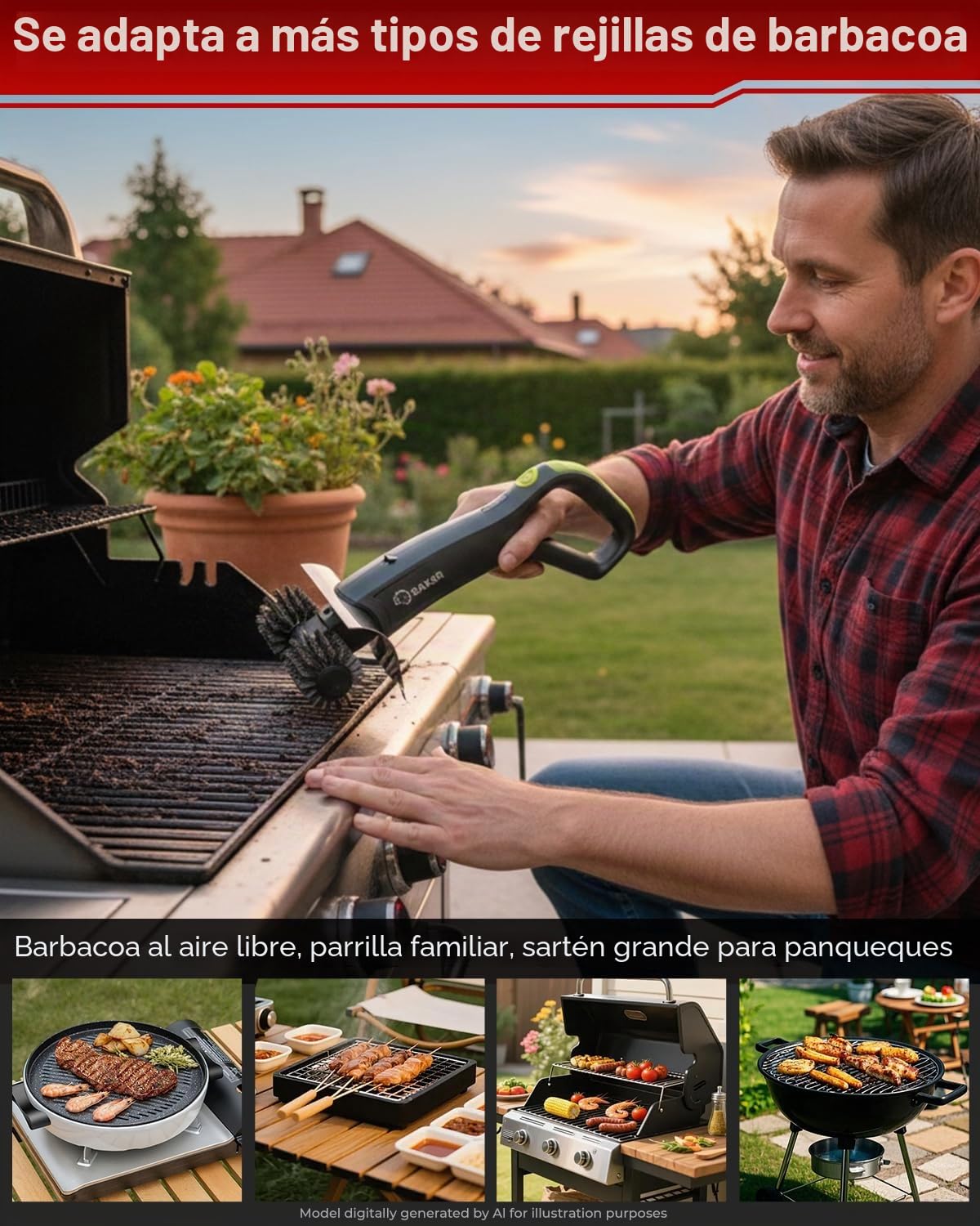 Cepillo de parrilla eléctrico Saker con 450 RPM y luz LED | Cepillo de limpieza de parrilla sin enredos con rodillo duradero | Kit completo de cepillo de 8 piezas y almohadilla de fregado | Regalo