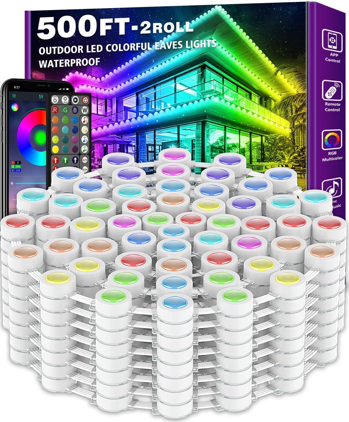 500FT Permanent Outdoor RGB Lights - IP67 Waterproof with Smart App Control Remote, DIY Scene Modes, Music Synchronization, Eaves Lights for Garden Decor, Deck, Christmas, Party, Party, Halloween,Roof