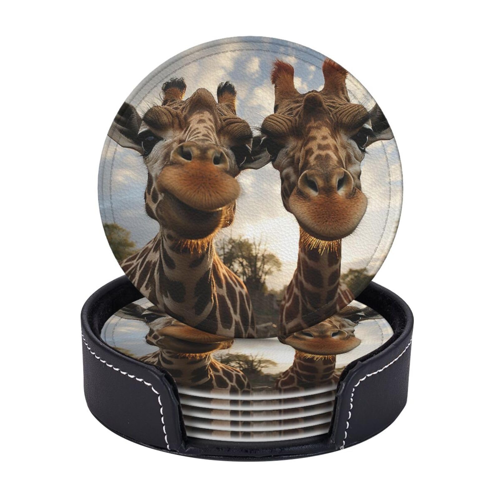 Drink Coasters Set of 6 Coffee Leather Coaster with Holder Two Giraffes Making Faces Coasters for Drinks Coffee Cup Mat Heat Resistant Tabletop Protection Coaster Desk Accessorie Home Decorative