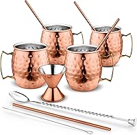 Vista 3 de Avador® Juego de 4 tazas hechas a mano de cobre 100% puro Moscow Mule con vaso de chupito y pajitas con acabado martillado, 16 onzas, elegante