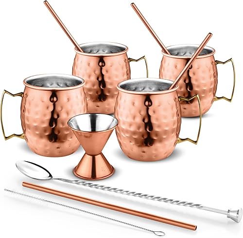 Miniatura 3 de Avador® Juego de 4 tazas hechas a mano de cobre 100% puro Moscow Mule con vaso de chupito y pajitas con acabado martillado, 16 onzas, elegante