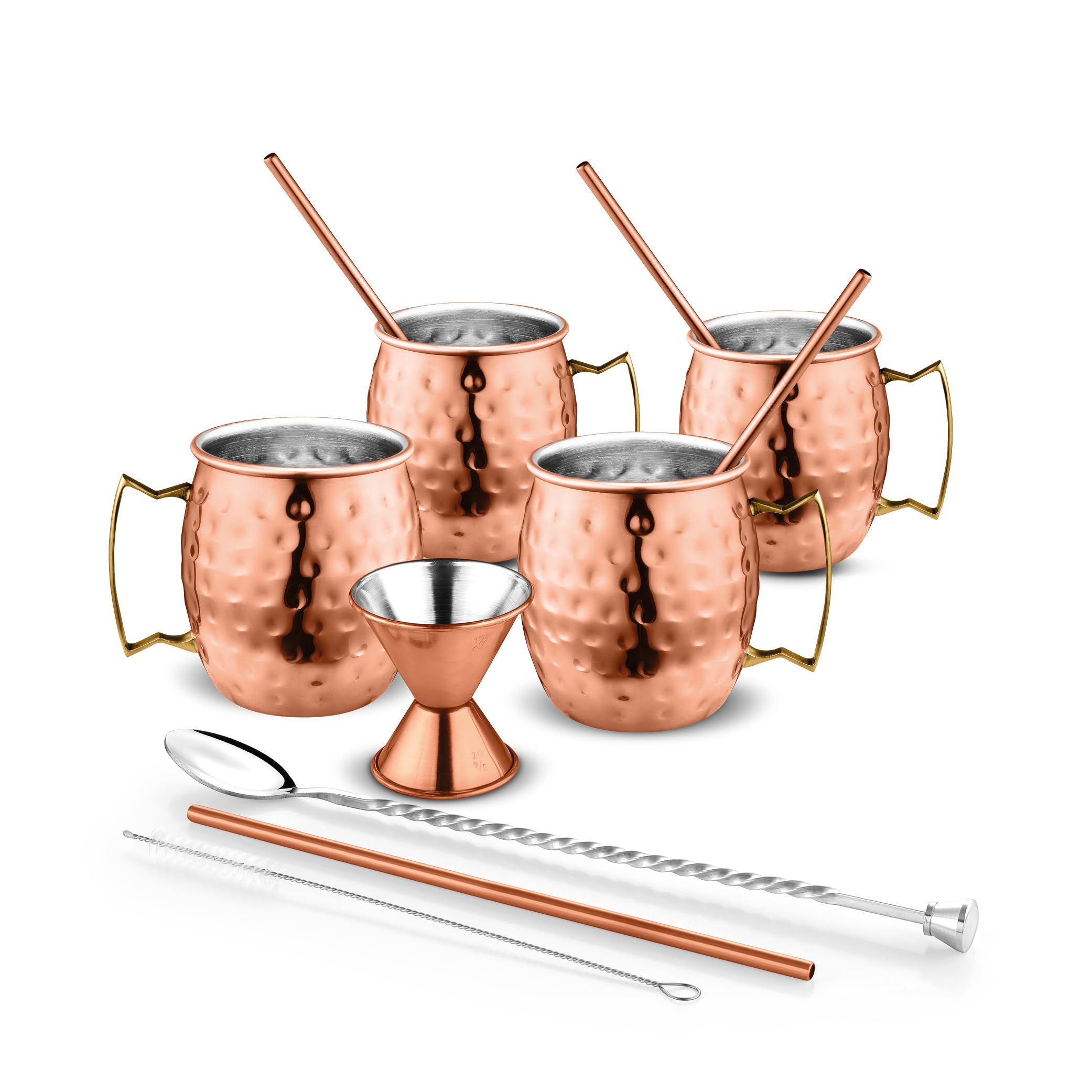 Handcrafted 11 pc Stainless Steel Copper Plated Moscow Mule Mugs Hammered Finish 16 Oz. Gift Set Includes 4 Mugs 4 Straws Jigger and Mixing Spoon Cleaning Brush (11 Pc Stainless Steel Moscow Mule)