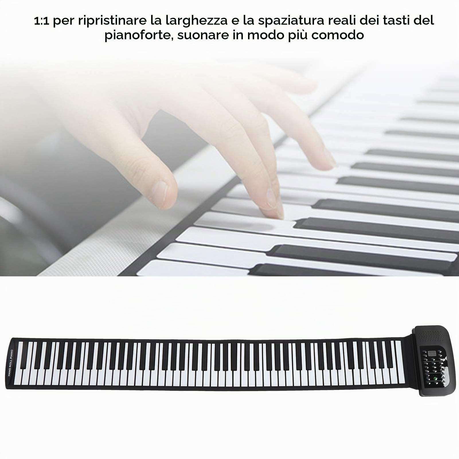 Pianoforte arrotolato a mano, pianoforte in silicone roll-up a 88 tasti, pianoforte elettronico portatile e ricaricabile, impermeabile, design della struttura audio professionale, per adulti(88)