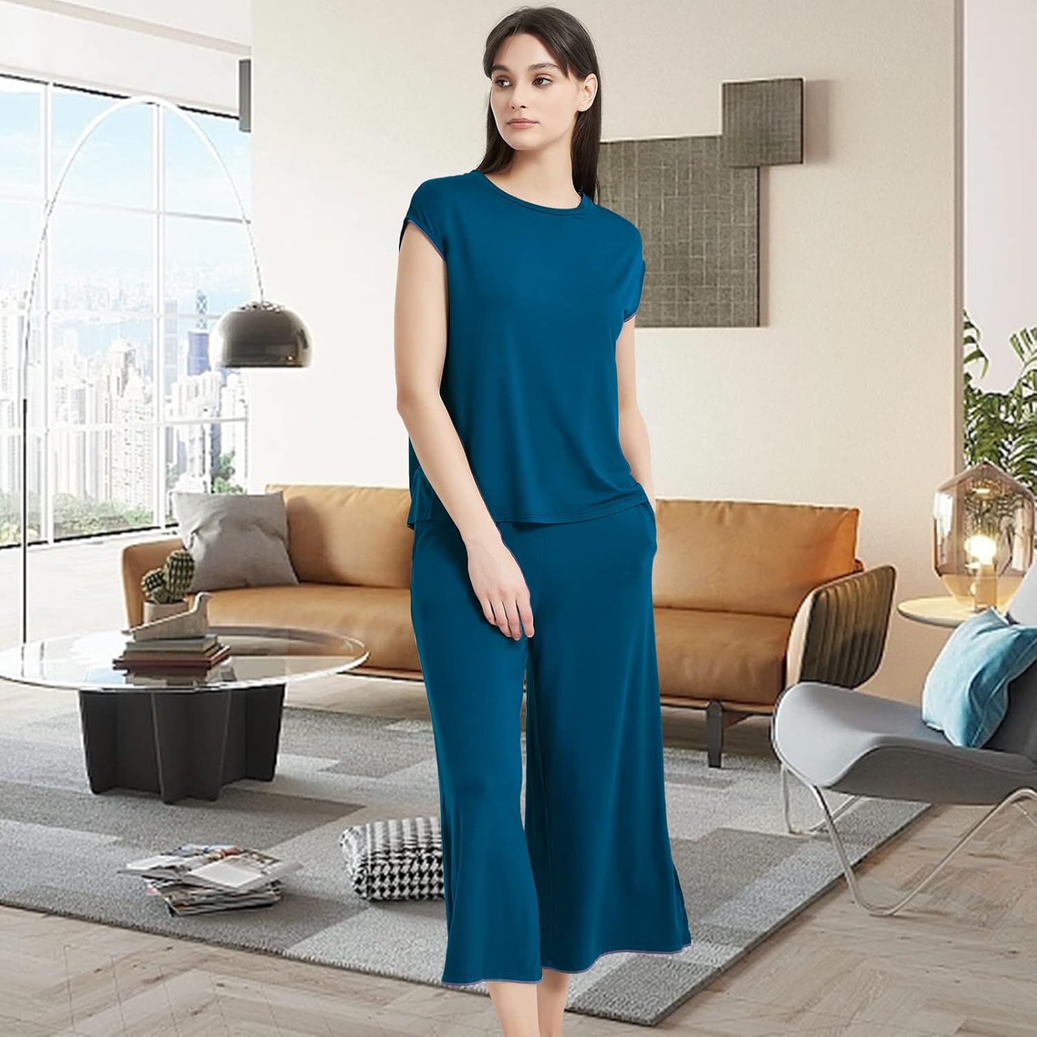 GYS Bamboo Viscose Pajamas for Women Set, 2 Piece Soft Capri Pants Cap Sleeve Top Lounge Set, Comfy Loungewear Sleepwear PJs - Image 5