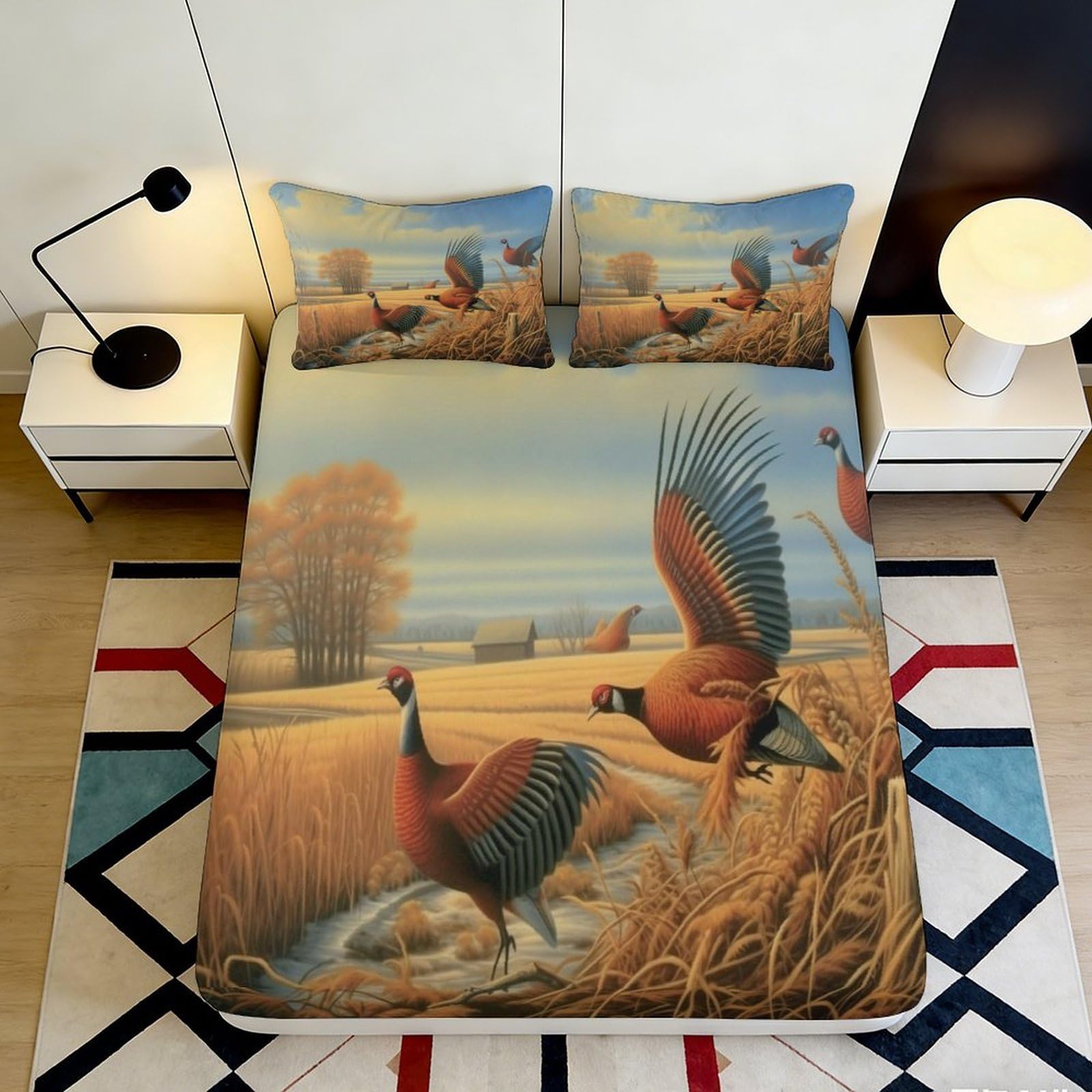 3D Printed Countryside Bird Fitted Sheet Microfiber Deep Pocket Bedroom Bedding Countryside Mattress Fitted Cover Elastic Hem for Adults 200x200x25cm