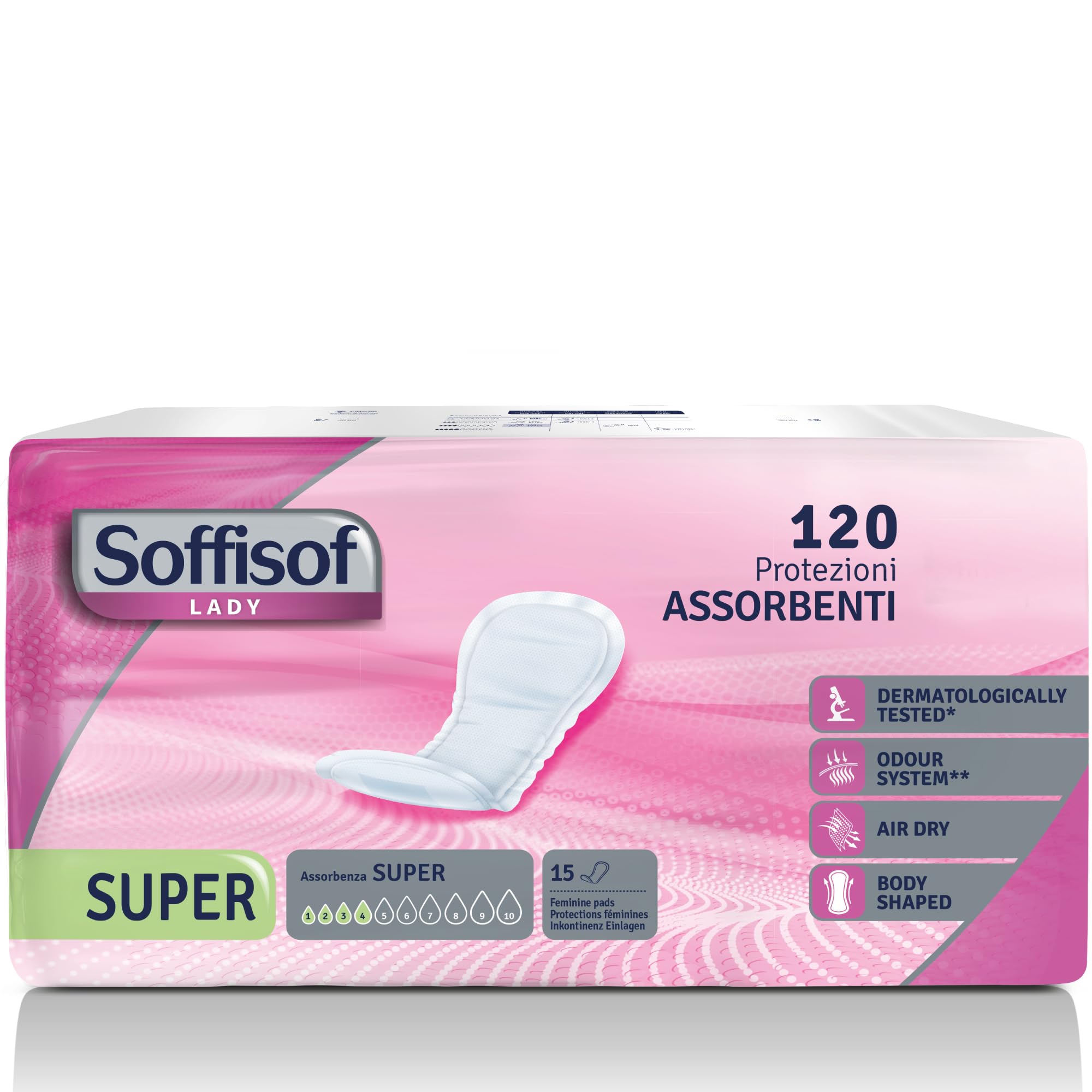 Soffisof Lady Super - 120x Assorbenti Femminili Post Parto per Perdite Urinarie - 8 Confezioni da 15 Assorbenti Post-Parto Incontinenza Donna - Assorbenza fino a 4 Gocce