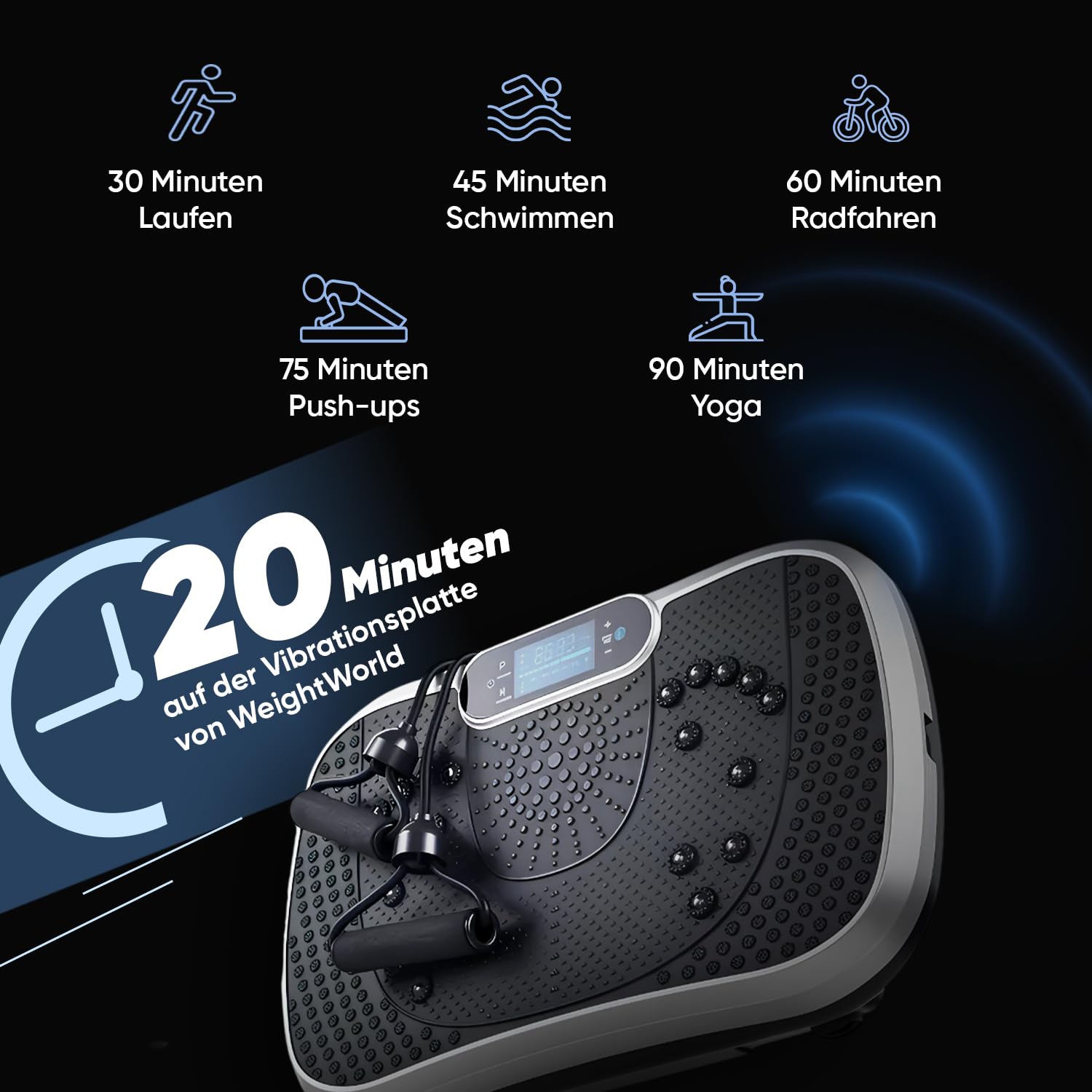 Vibrationsplatte - Fitnessgeräte für Zuhause - 99 Intensitätsstufen - 5 Trainingsprogramme - Massagegerät & Sportgerät mit Bluetooth für Home Workout - Mit Widerstandsbändern - WeightWorld