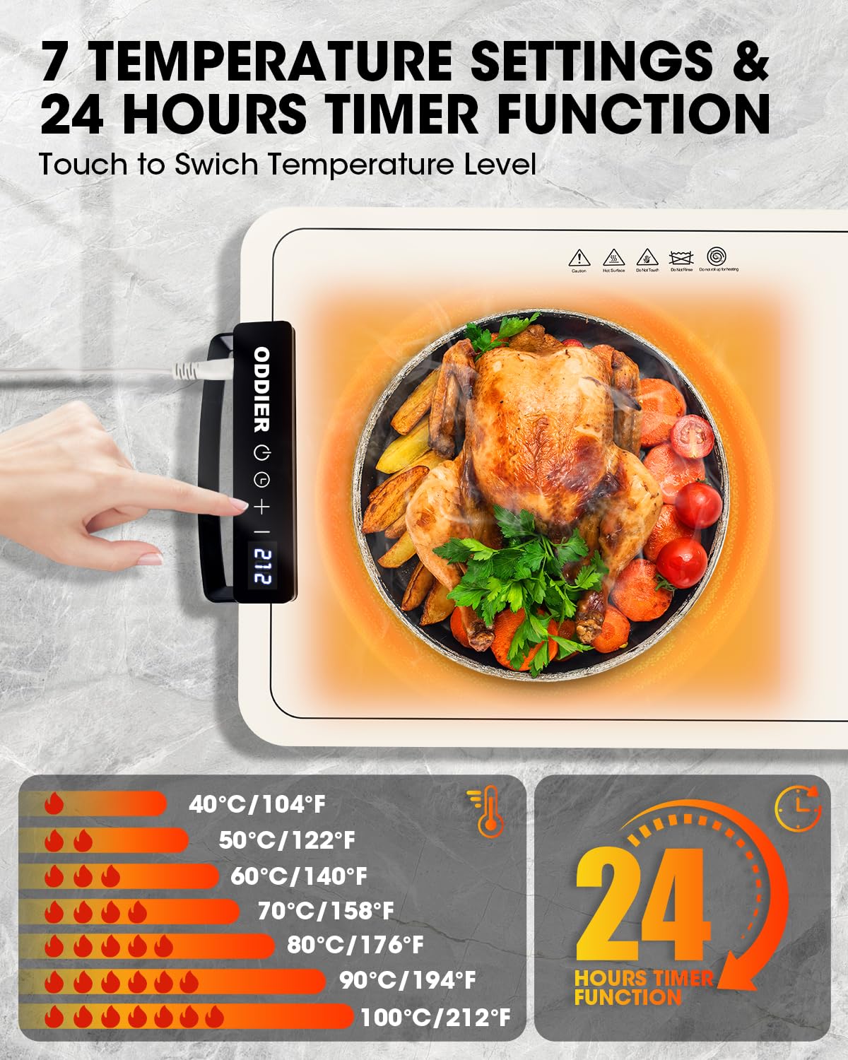 Food Warming Mat, Electric Warming Tray for Buffets Party, 7 Temp Settings, 24 Hours Timer, Fast & Full Surface Heat Food Warmer, Auto Shut-Off, Easy to Clean with Nano Material, 24