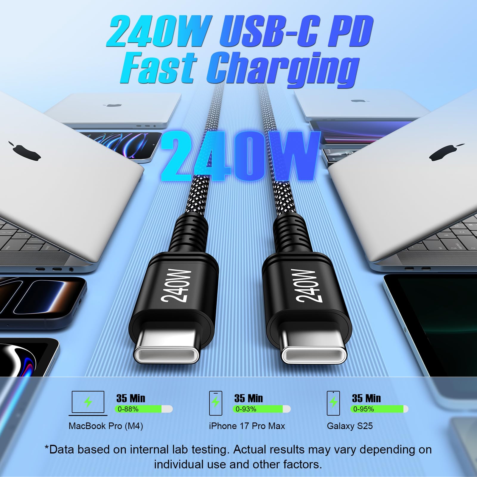 Cable C a C de 240 W de carga rápida tipo C de 10 pies para Samsung Galaxy A17 Z Fold 7 S25 FE Plus Ultra A16 A54 S24, cable largo USB C a USB C para iPhone 17 Air 16 15 Pro Max, MacBook Pro/Air