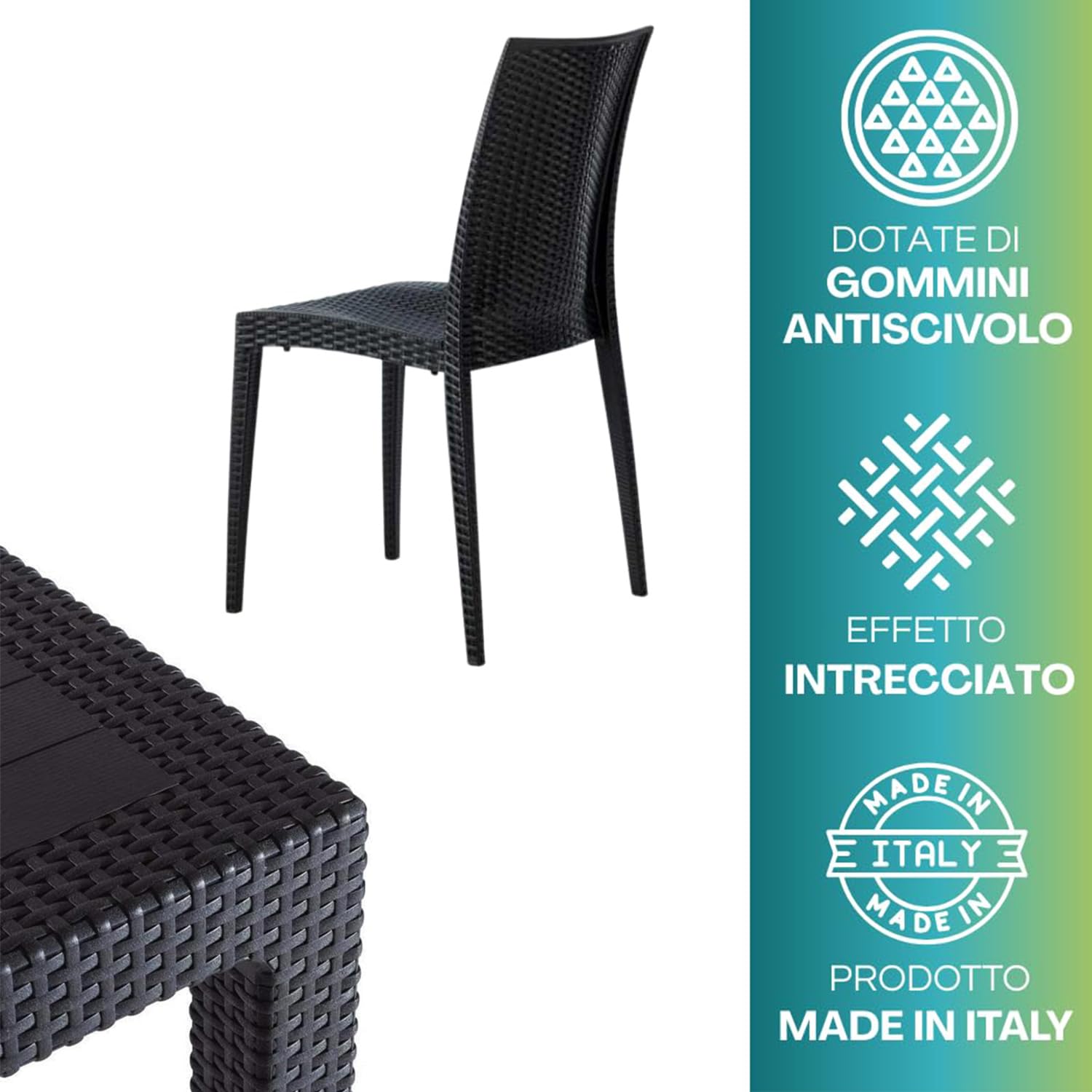 PALUPLUS Set Tavolo Quadrato con 4 Sedie Rattan in Plastica color Antracite, Misura Tavolino 79x79x72 cm, Sedia SENZA Braccioli, Arredo per Esterno, Terrazzo -KIN024F/MAD603F-23,5