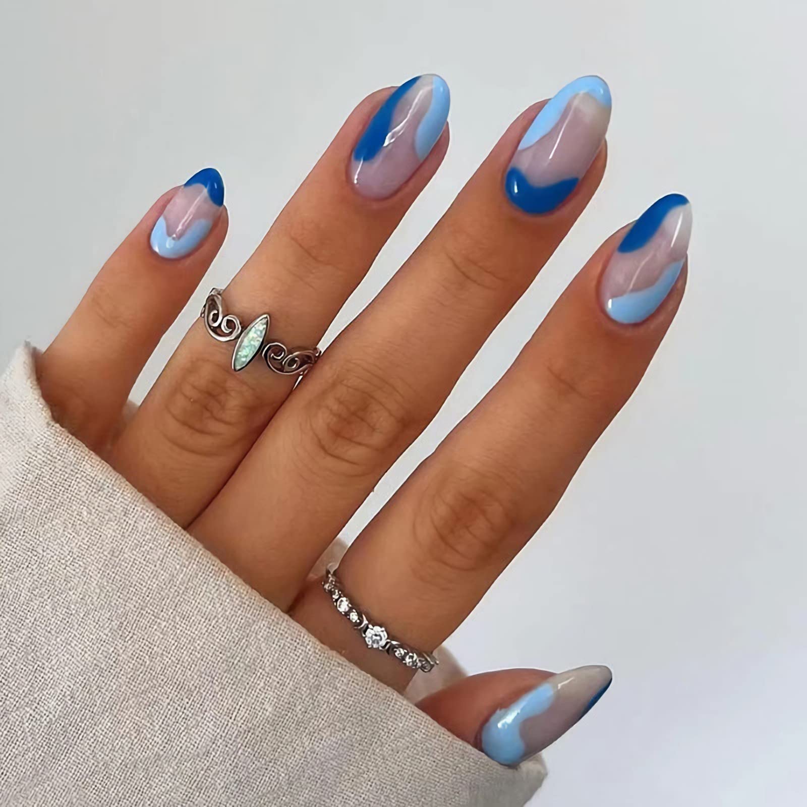 Blue Press on Nails Medium, Ripple Fake Nails Full Cover False Nails Almond Shaped Press on Nails Nude Blue Stripes Acrylic Nails Glossy Glue on Nails French Fakes Nails Wave Stick on Nails for Women