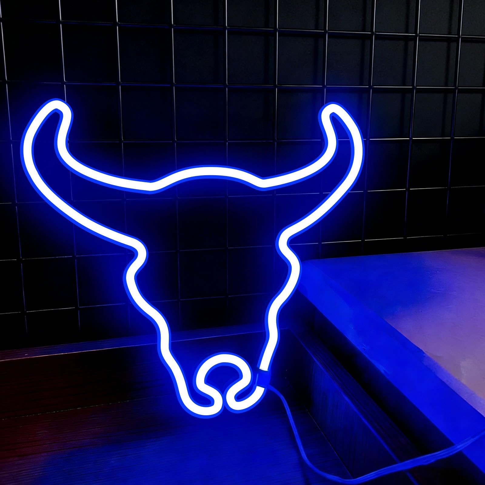 Blue Bull Head Neon Sign USB/Battery Powered LED Wall Art Lights Suitable for Coffee Shops Parties Children's Room Decoration Men's Cave (4.5V 12.01 * 12.2 IN)