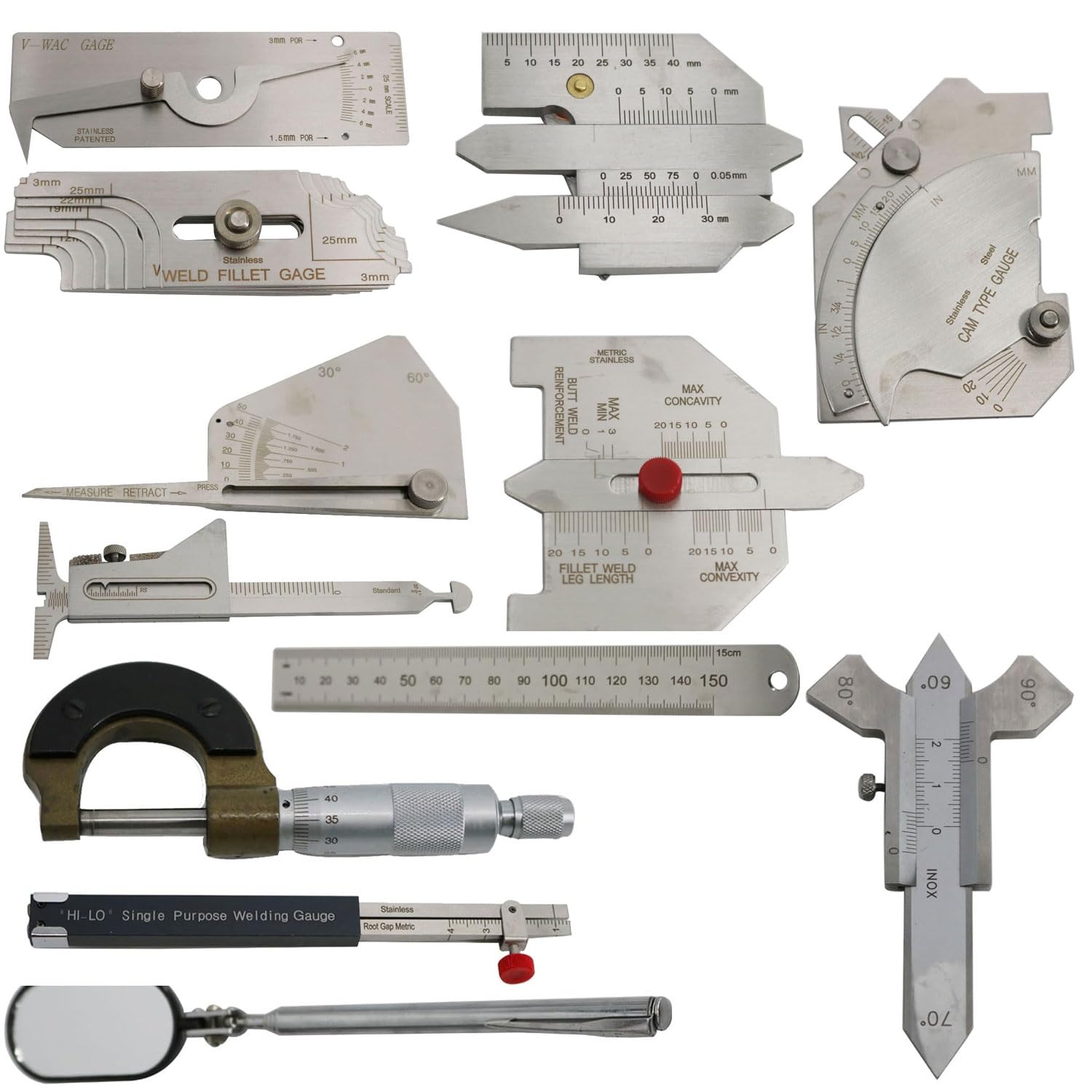 Juego de 13 reglas de medición, kit de inspección de herramientas de calibre de soldadura con regla de 0 a 150 mm, calibre de soldadura de filete, espejo de inspección en caja tipo maletín