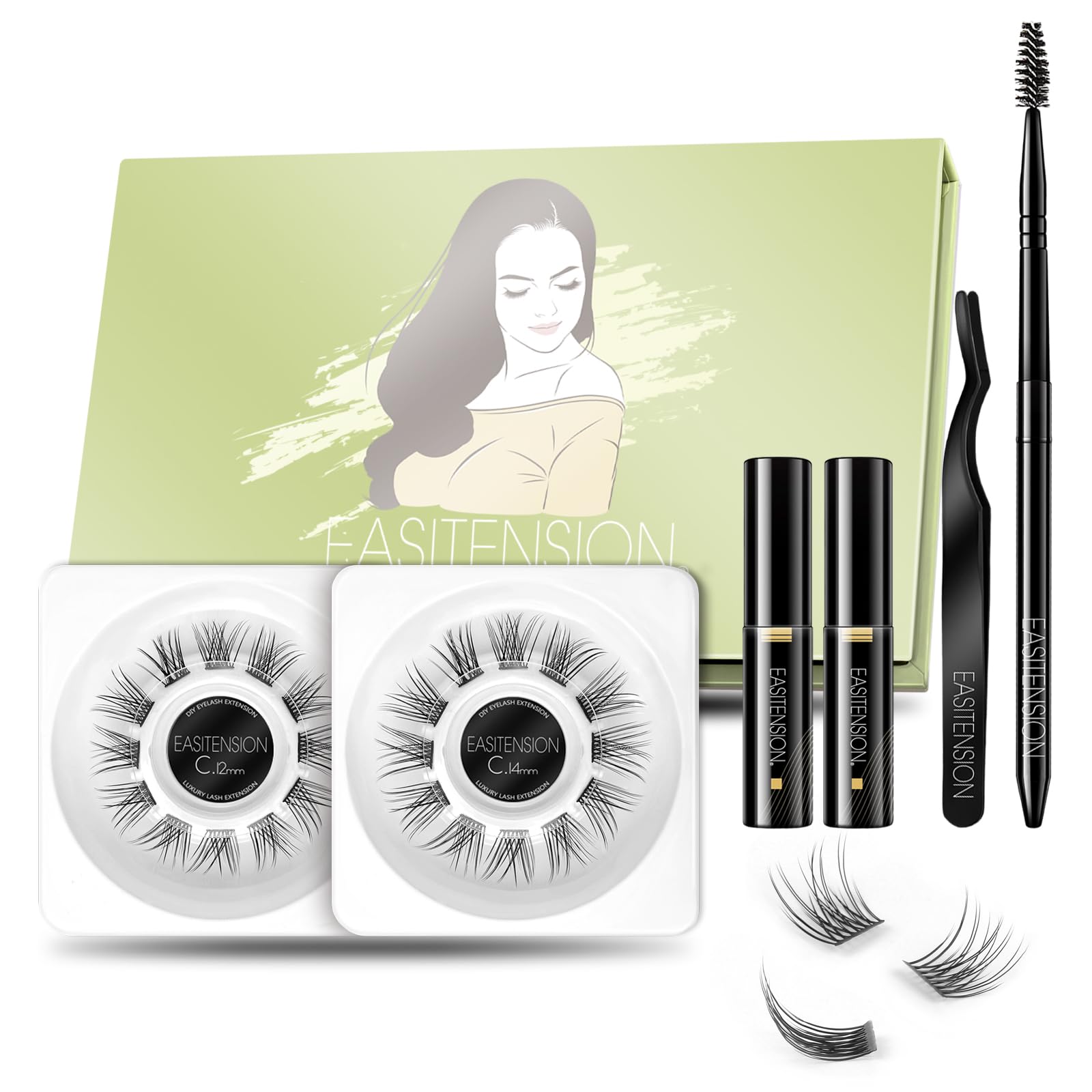 DIY Eyelash Extension, Glue Bonded Band Individual Lash 24 Clusters Natural Lashes Set, Home Eyelash Extension, C curl Lashes Pack 12mm,14mm (KIT-Natural)