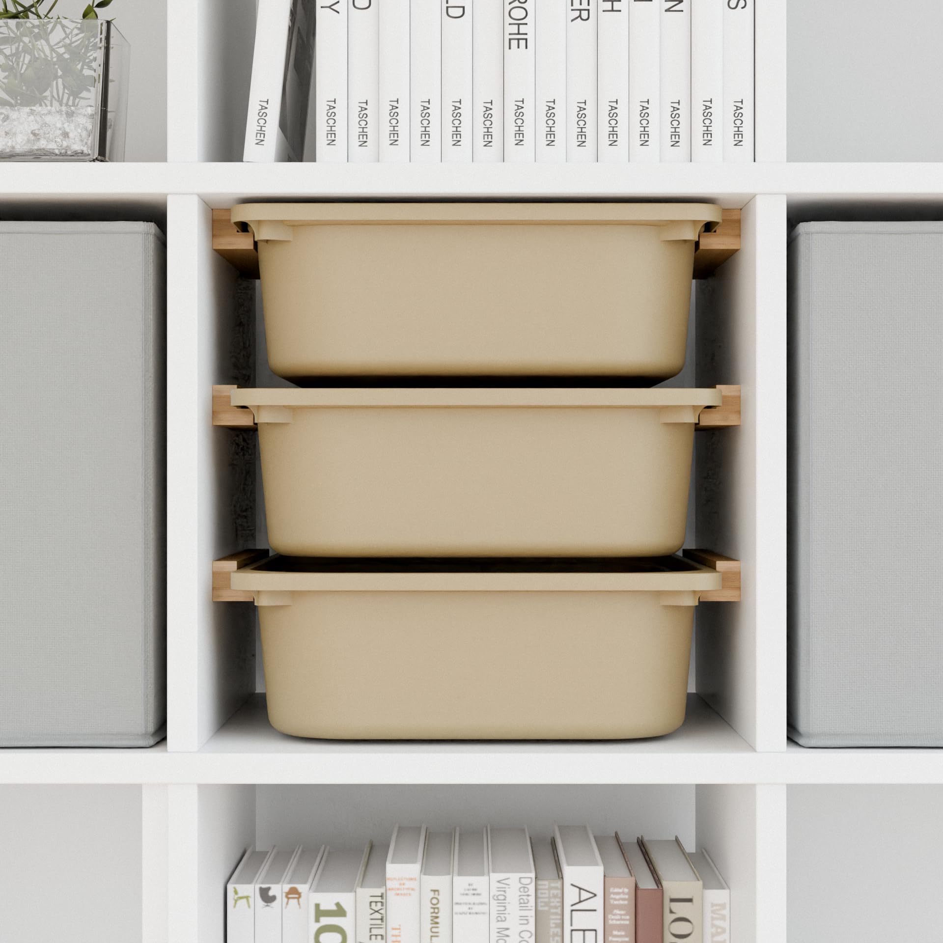 Kallax Schienen für Trofast Boxen, Halterung für drei Kisten im Regal-Fach (33x33cm), Holzschienen Einsatz zum Anschrauben, Aufbewahrung für Spielzeug (Nur Schienen)