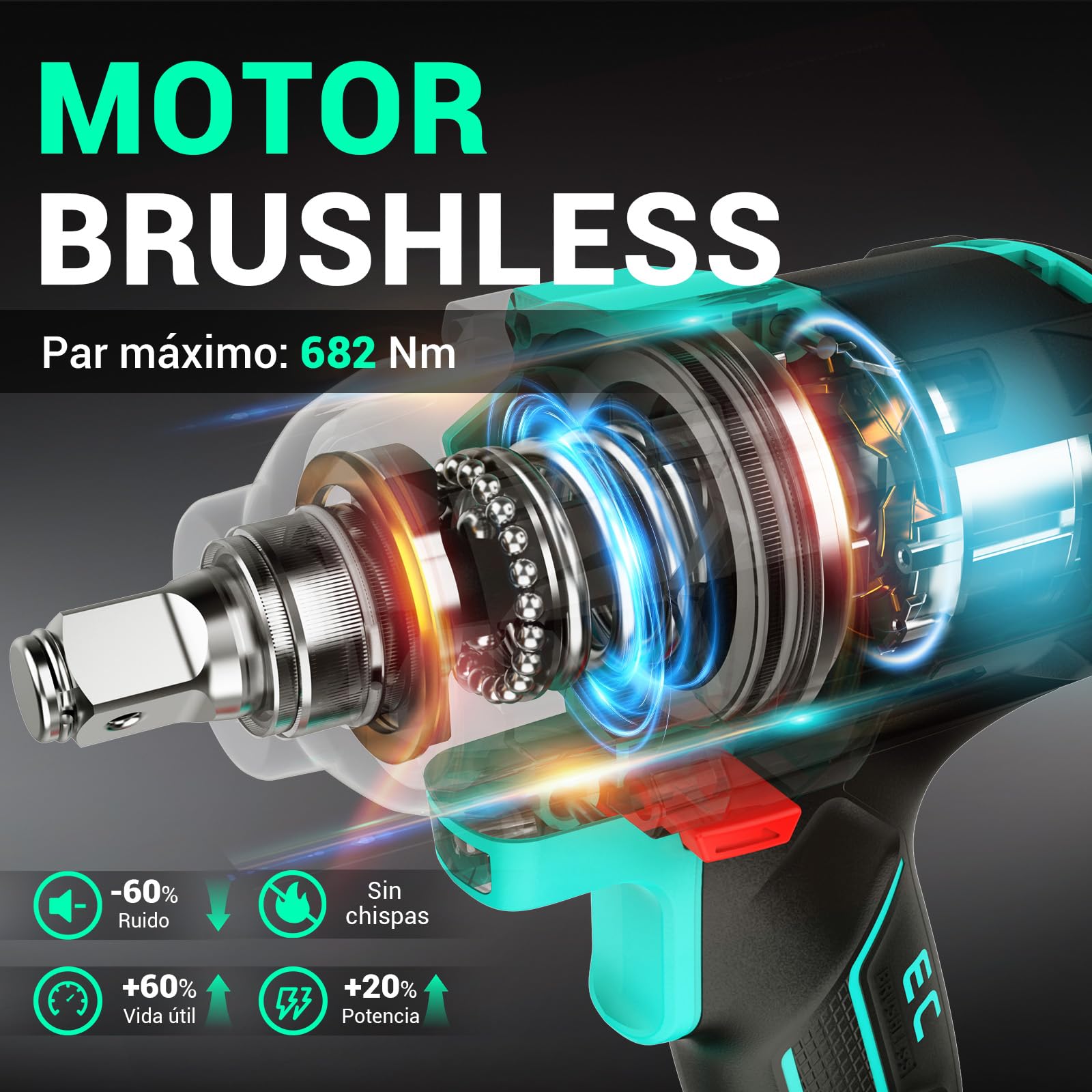 DCA Pistola de Impacto a Batería 20V, Llave de Impacto Motor Sin Escobillas 682 Nm Par Máximo, Encastre de 13 mm, 2 Baterías 4.0Ah, 4 Modos, Luz LED, Smart Loosen, ADPB520