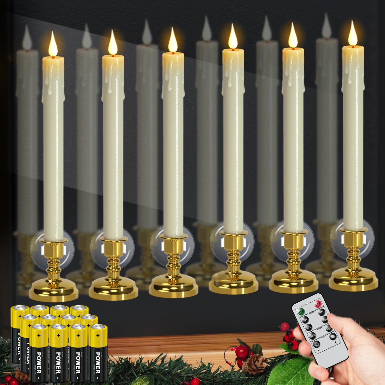 Candele natalizie senza fiamma per finestre, a batteria, con telecomando e timer, confezione da 6 candele a LED in plastica bianca tremolanti con ventose, decorazione per interni (supporti