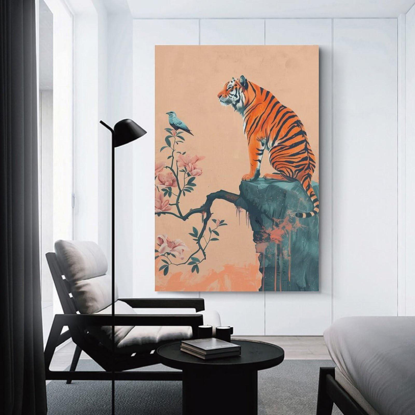 Junmoney Unframe-Style-20 Tiger And Bird On Cliff Canvas Wall Decor, 08X12inch(20X30cm), For Wall Displays, Bedrooms Or Room Updates, Wall Decor Suited To Curated Displays