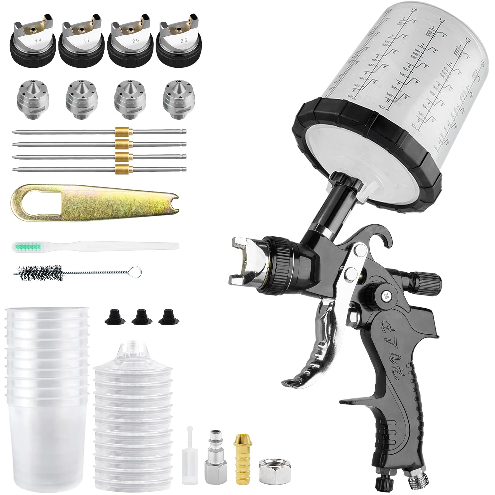 HVLP Professionnel Pistolet à Peinture avec 10 gobelets jetables de 650 ML, Pistolet Peinture Air Comprimé 3 Buses 1,4/1,7/2,0/2.5mm et Accessoires, HVLP Meubles Voiture de réparation