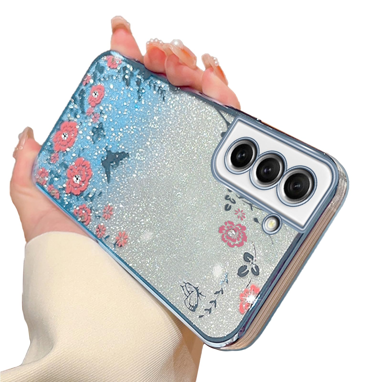 for Samsung Galaxy S21 FE Case for Women Gradual Change Glitter Crystal Soft TPU Stylish Butterfly Floral Heart Clear Protective Cover with Strap for Samsung S21 FE (Blue)