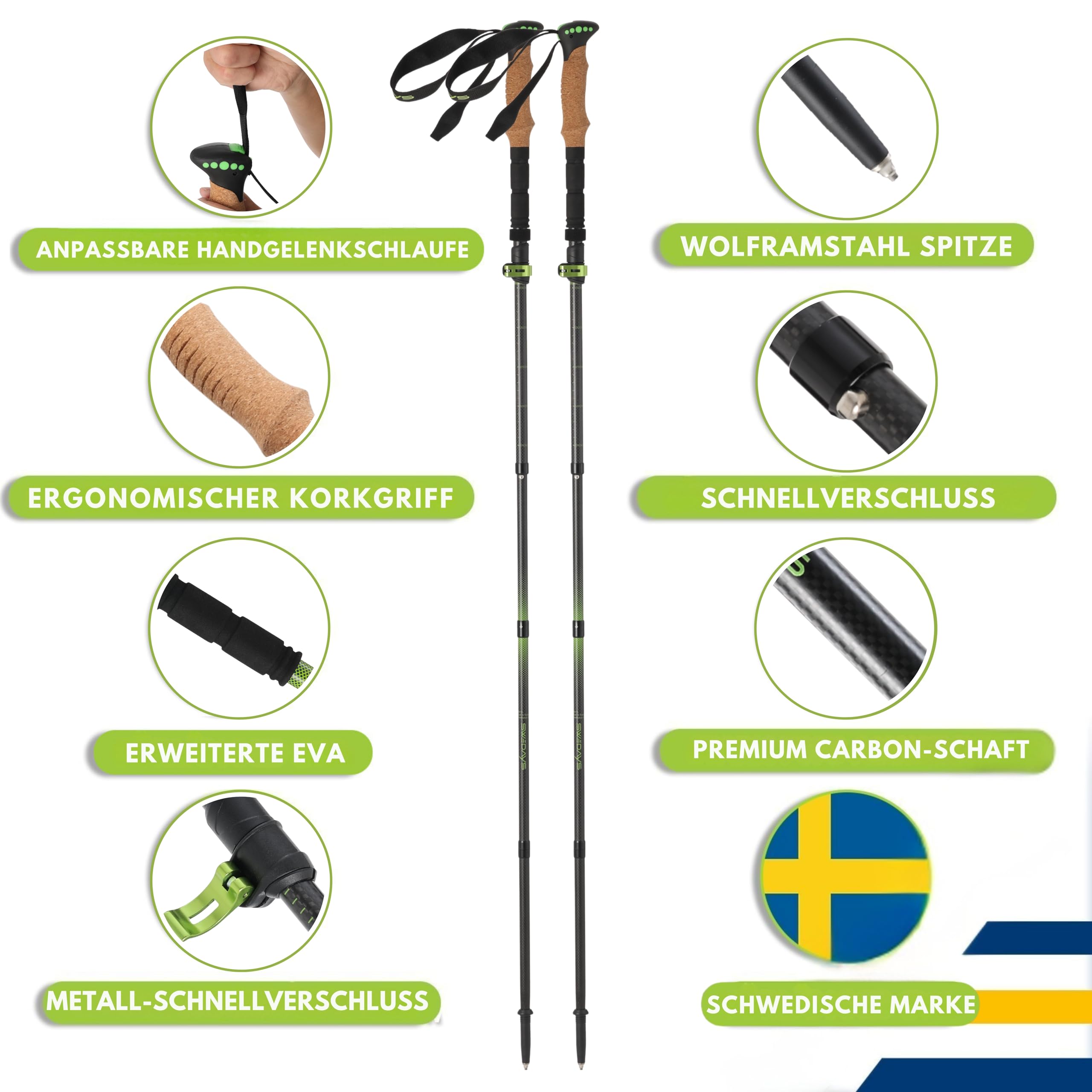 Wanderstöcke Faltbar Carbon Aluminium Korkgriff für Damen & Herren | Leicht Nordic Walking & Trekkingstöcke für Wandern, Bergsport, Skitouren. Kompakt & Faltbare 35cm