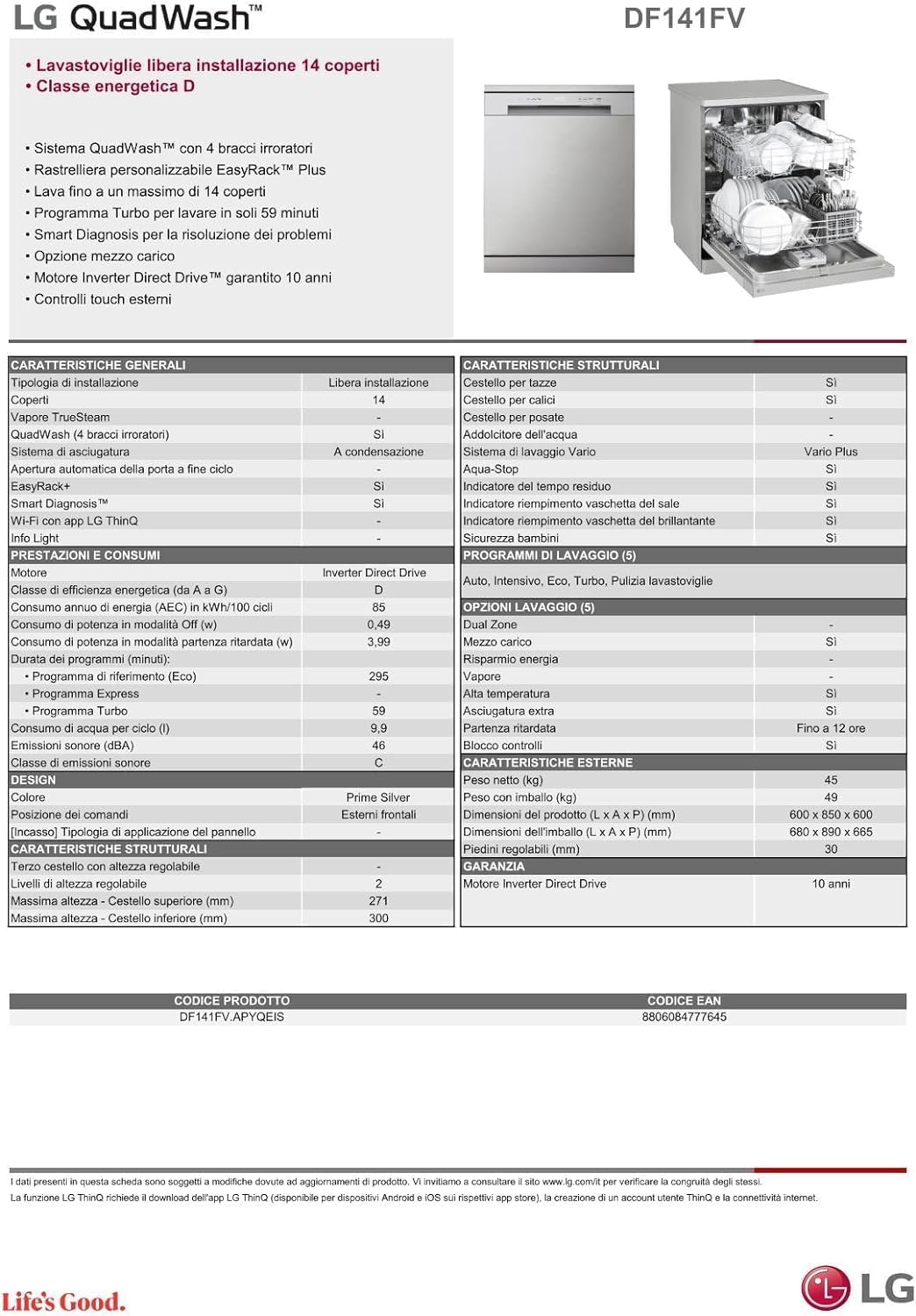 LG DF141FV Lavastoviglie Libera Installazione, Serie 1, Lavastoviglie 14 coperti, Classe D, Sistema QuadWash a 4 Bracci Irroratori, Programma Turbo, EasyRack Plus, Smart Diagnosis, Grigia