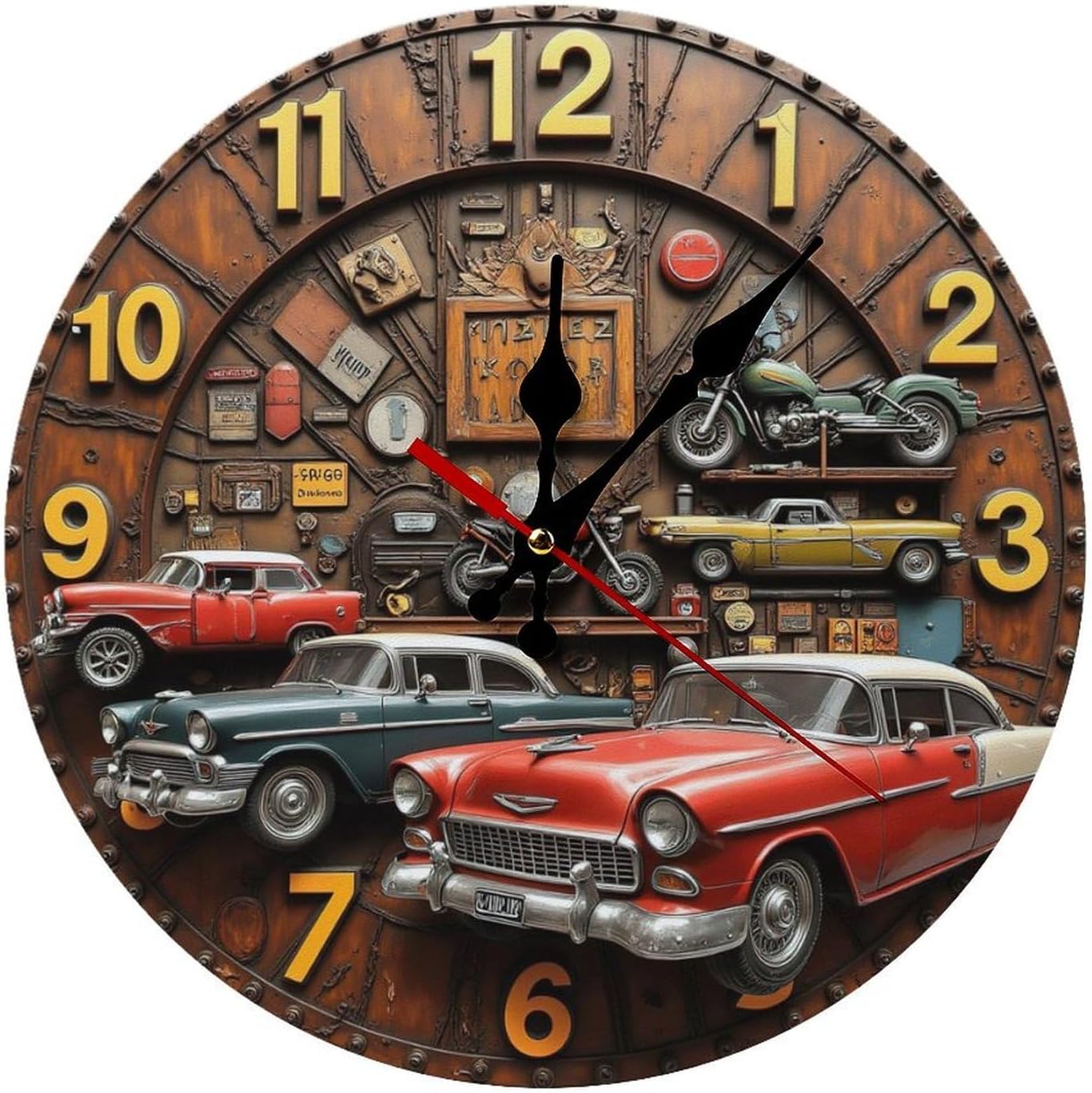 Classic Cars Clock Decor 2D-gigapixel-standard-width-3000px Wall Clock, Silent Non Ticking Battery Operated, Clock Decorative for Home Kitchen Living Room Office Bathroom Bedroom(10 Inch)